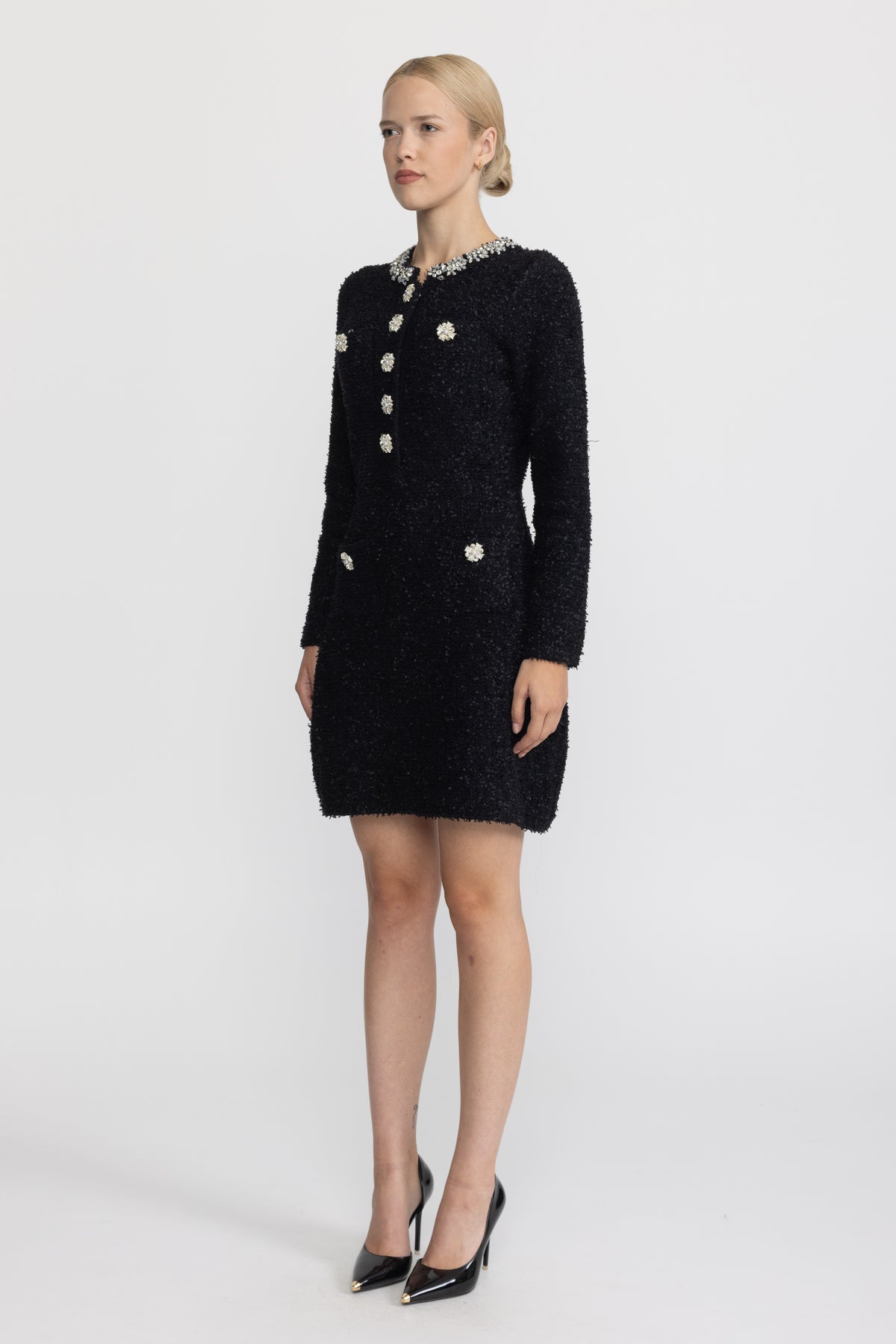 Rochie mini din tricot bouclé cu aplicații de cristale - negru 