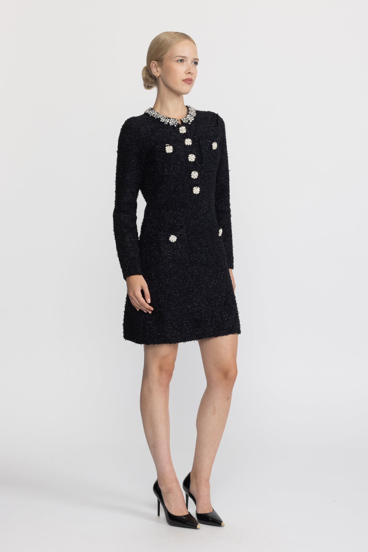 Rochie mini din tricot bouclé cu aplicații de cristale - negru 