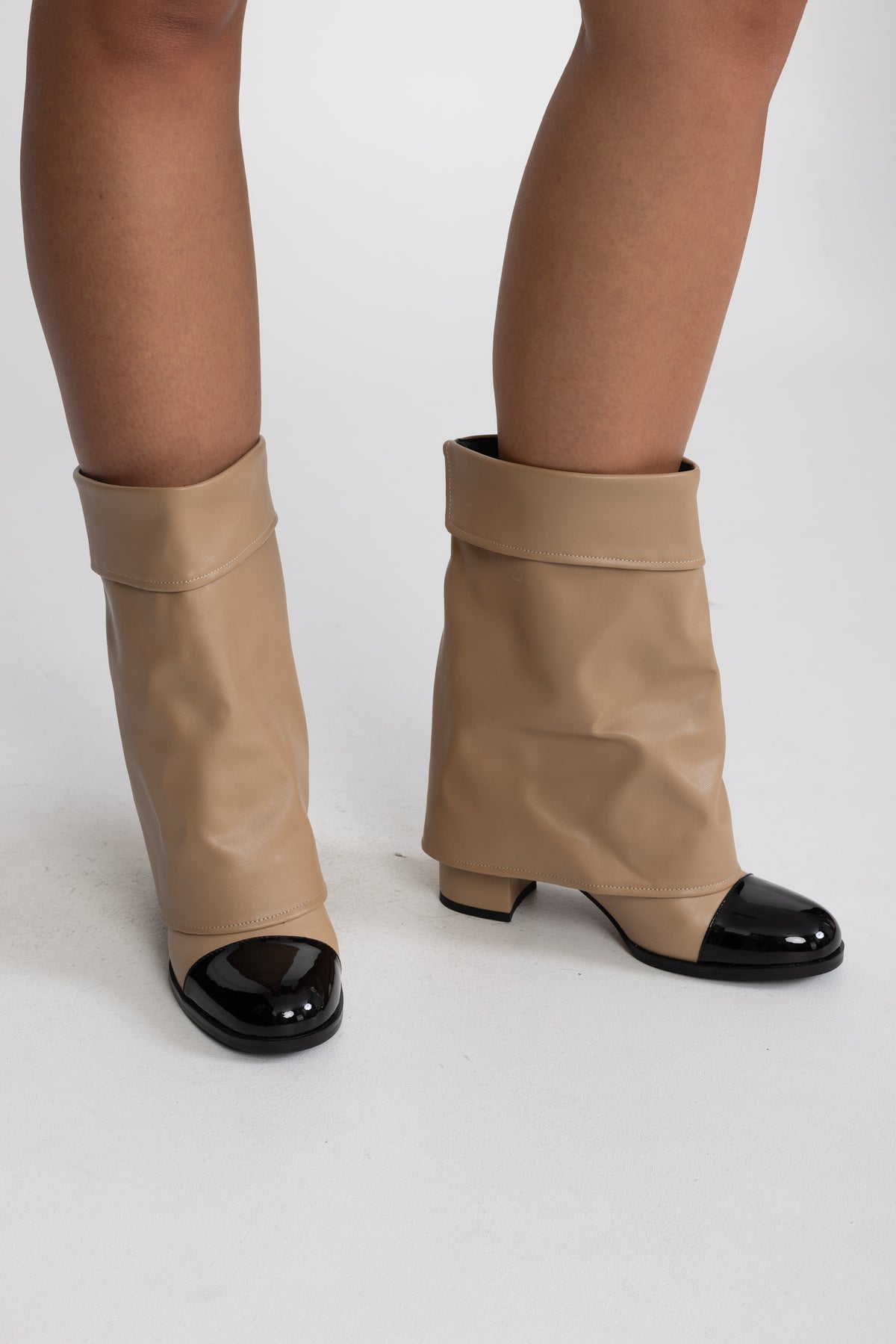 Fold-Over Cap Toe Block Heel Boots - Beige