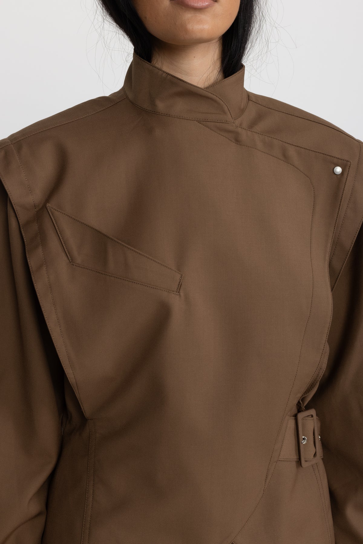Structured Balloon Sleeve Wrap Jacket - Brown