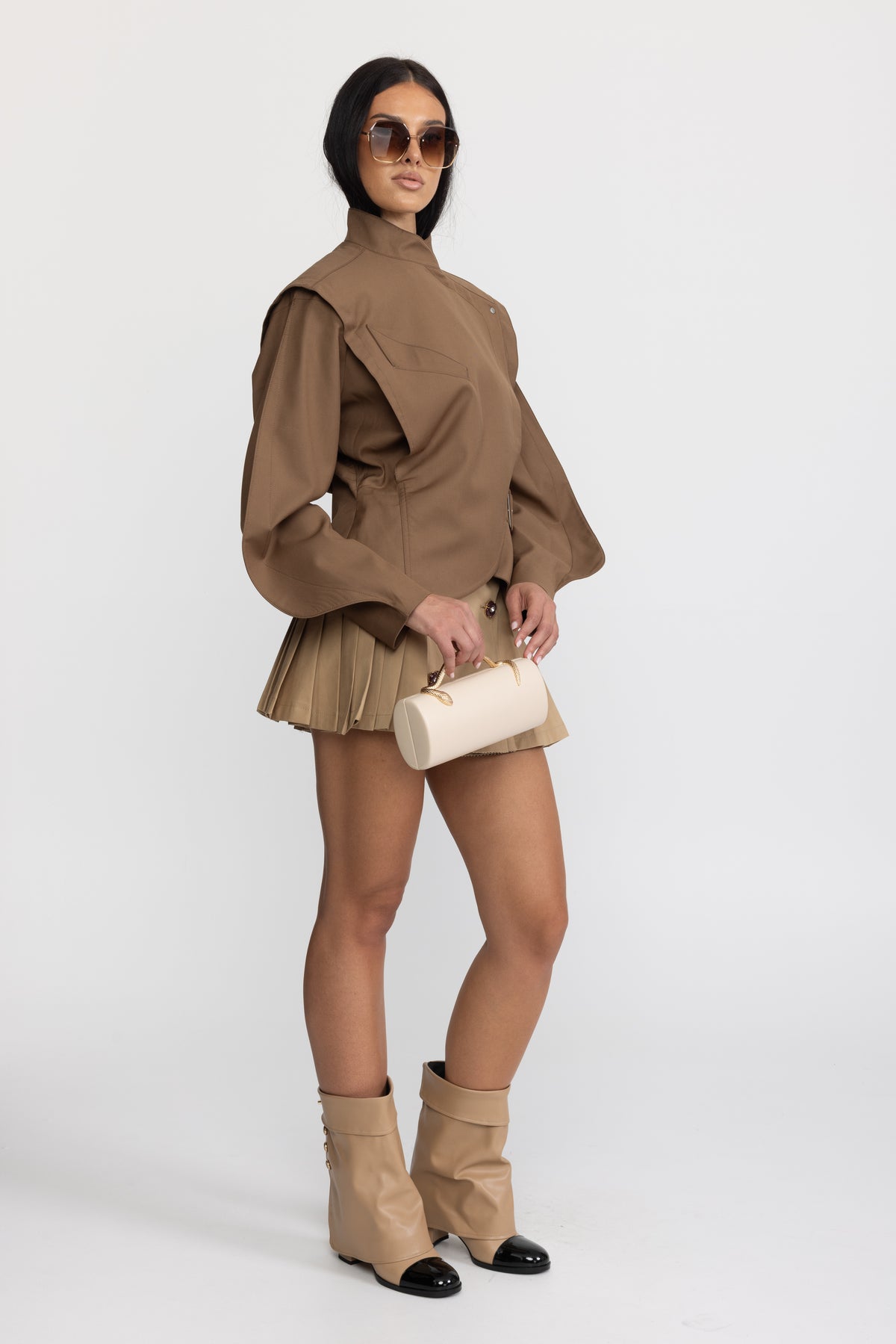 Structured Balloon Sleeve Wrap Jacket - Brown