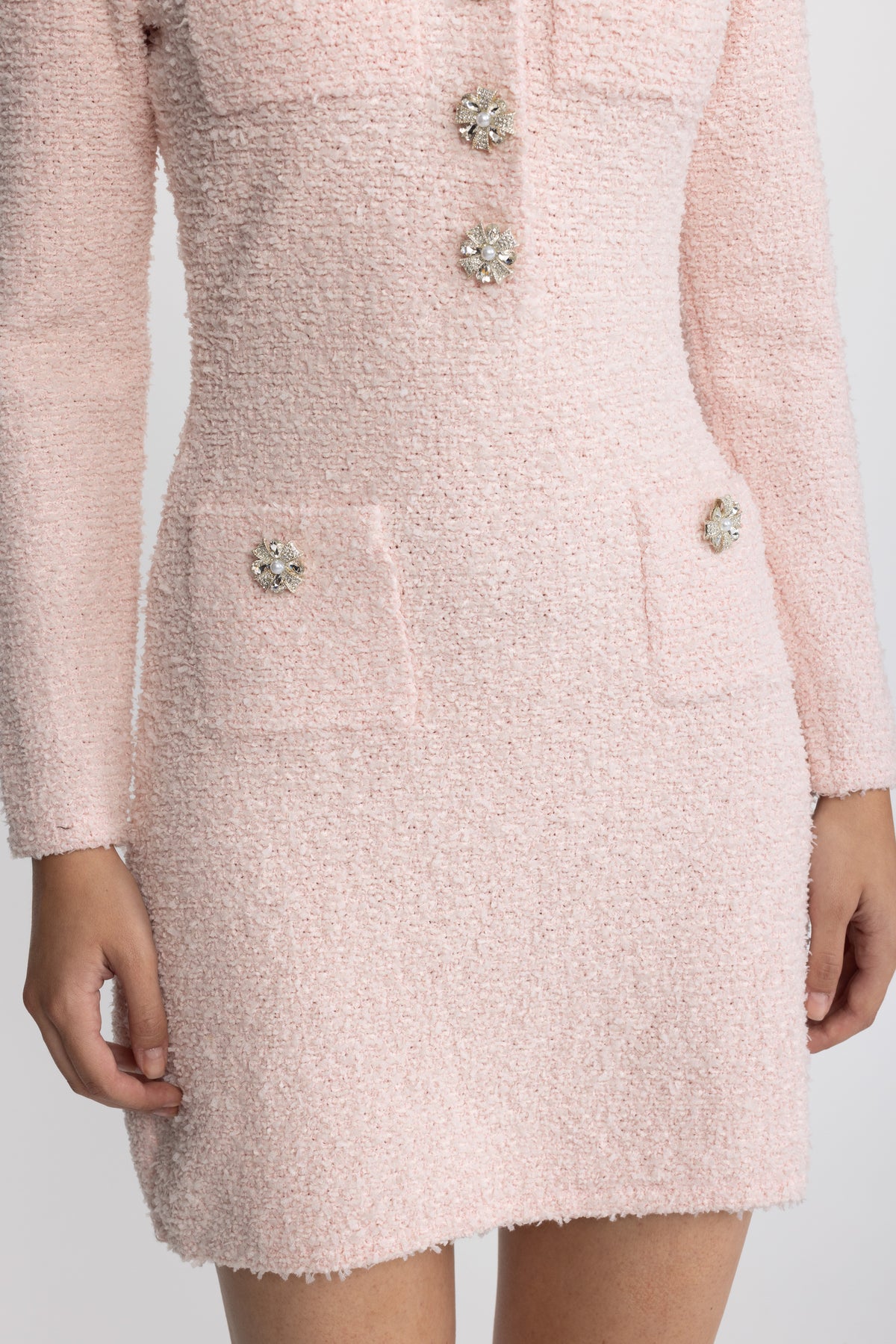 Rochie mini din tricot bouclé cu ornamente din cristale - roz 