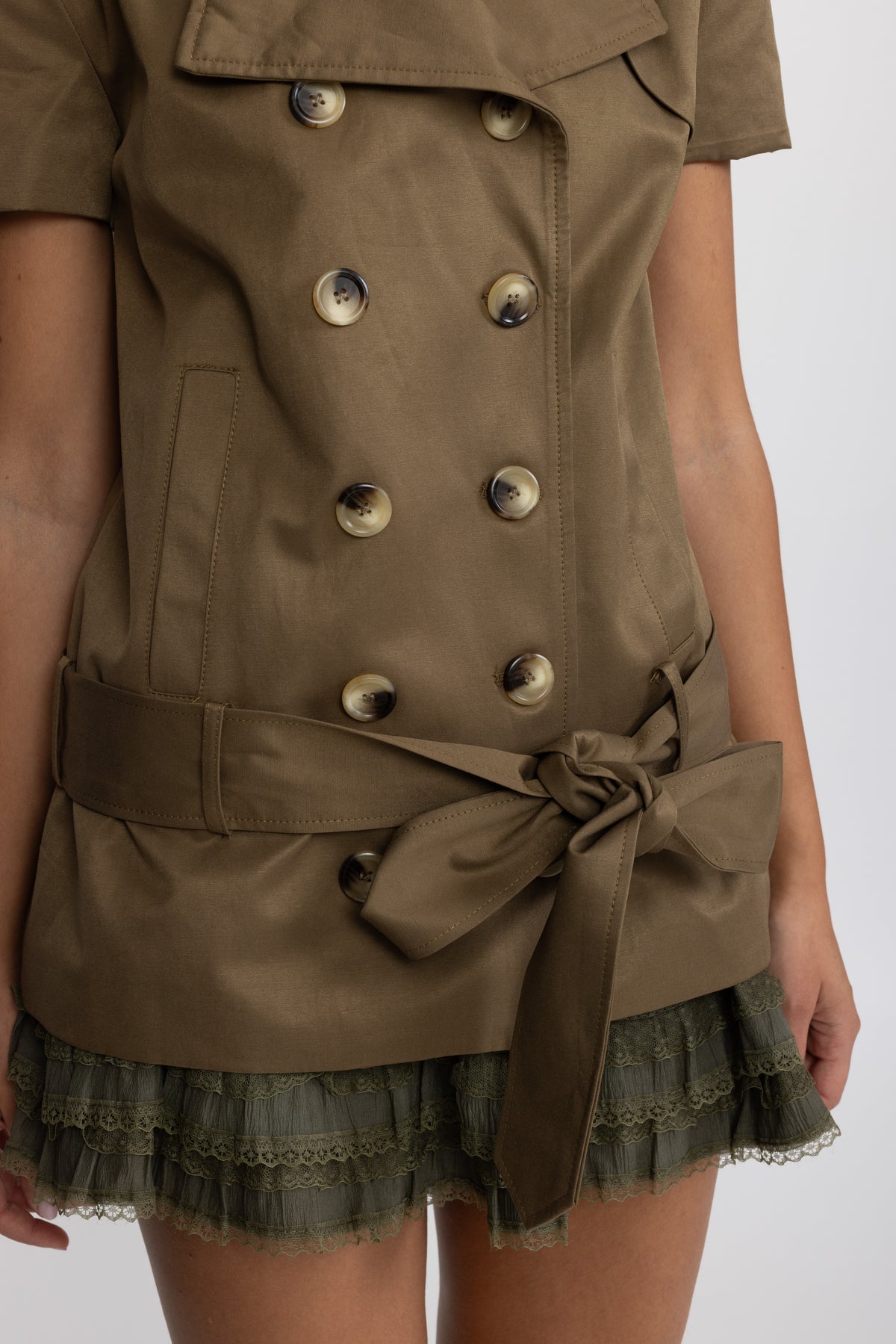 Trench Top and Ruffle Hem Mini Skirt Co-ord Set - Olive
