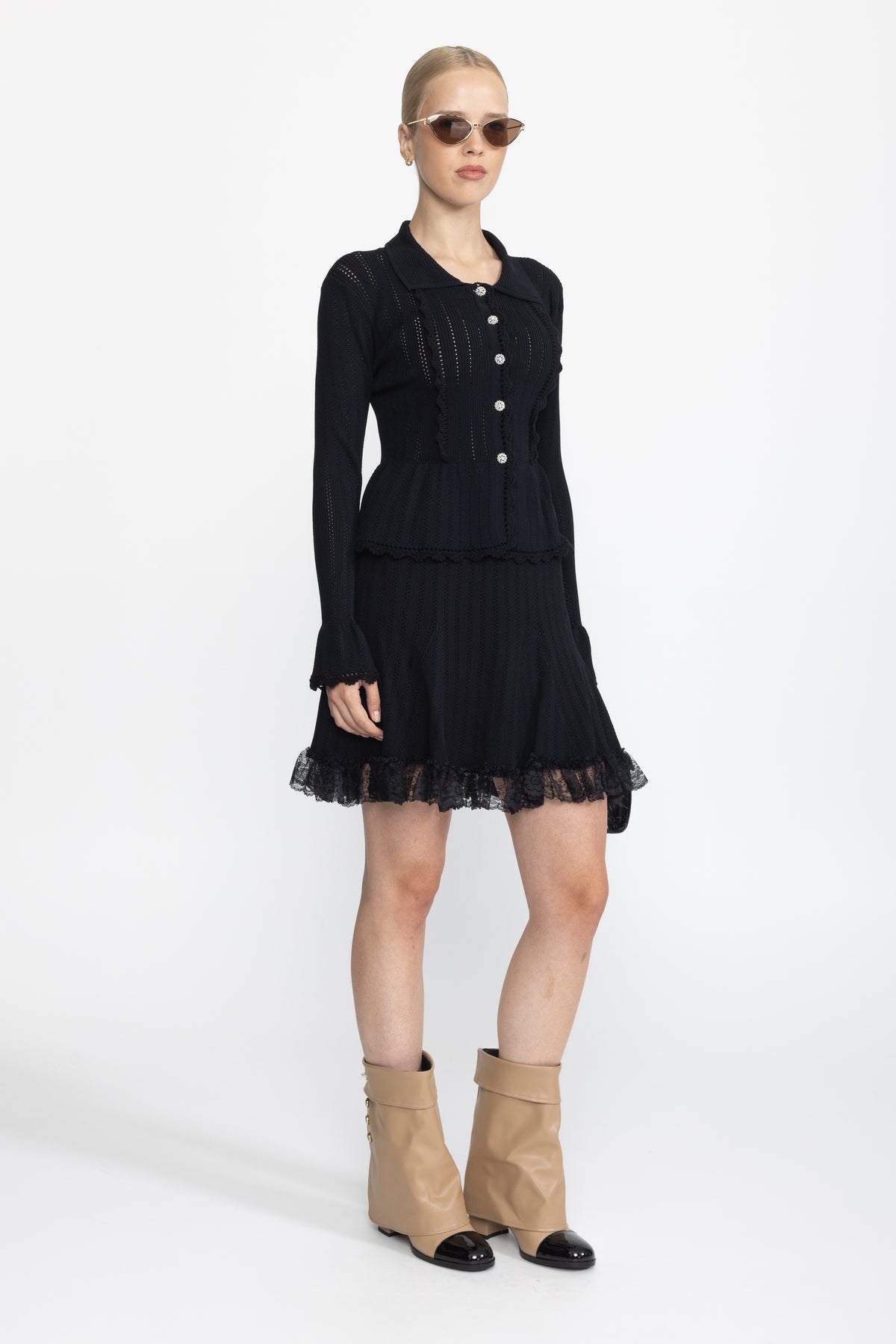 Pointelle Knit Peplum Cardigan and Lace Hem Skirt Co-ord Set - Black