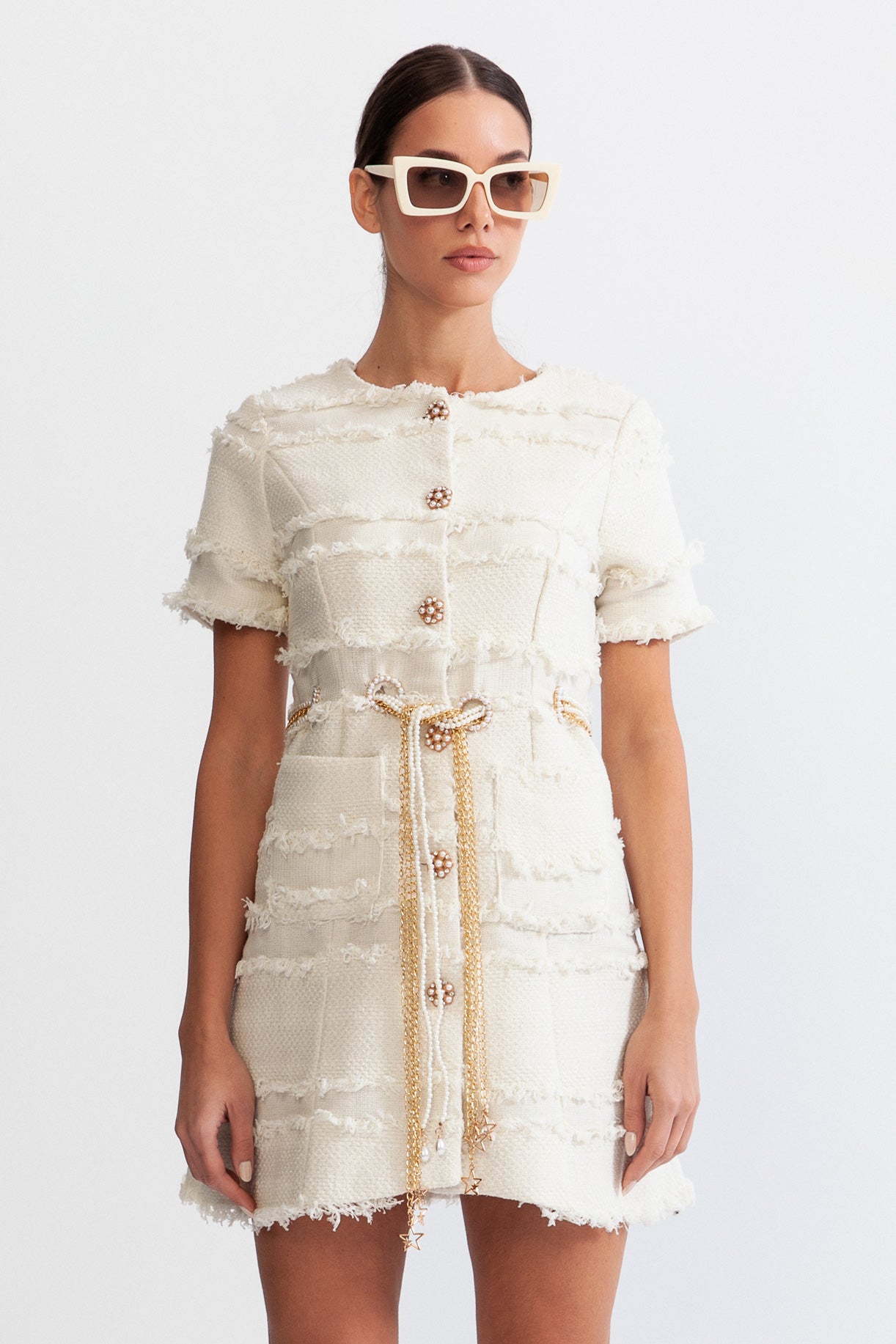 Rochie din tweed cu lanț de perle - Bej 