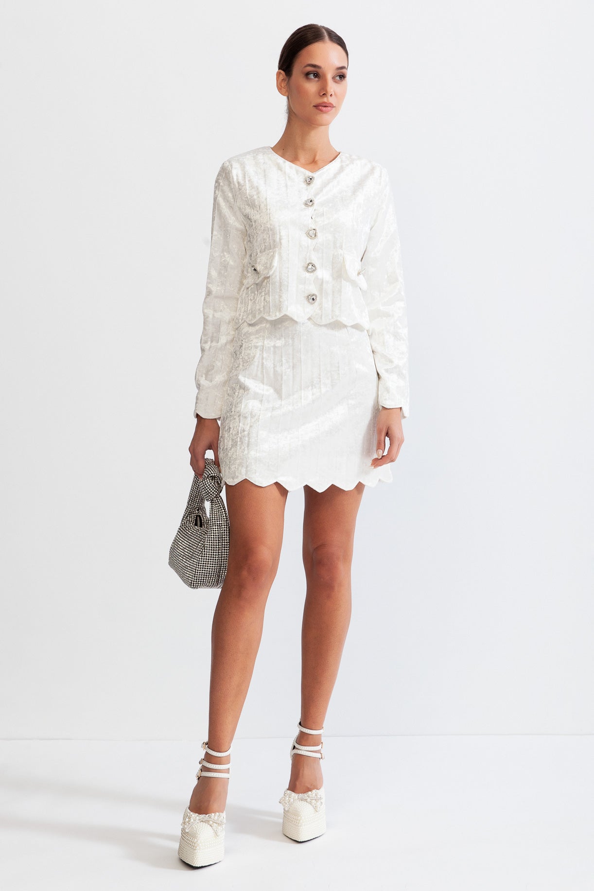 Set din catifea cu nasturi argintii - Alb 