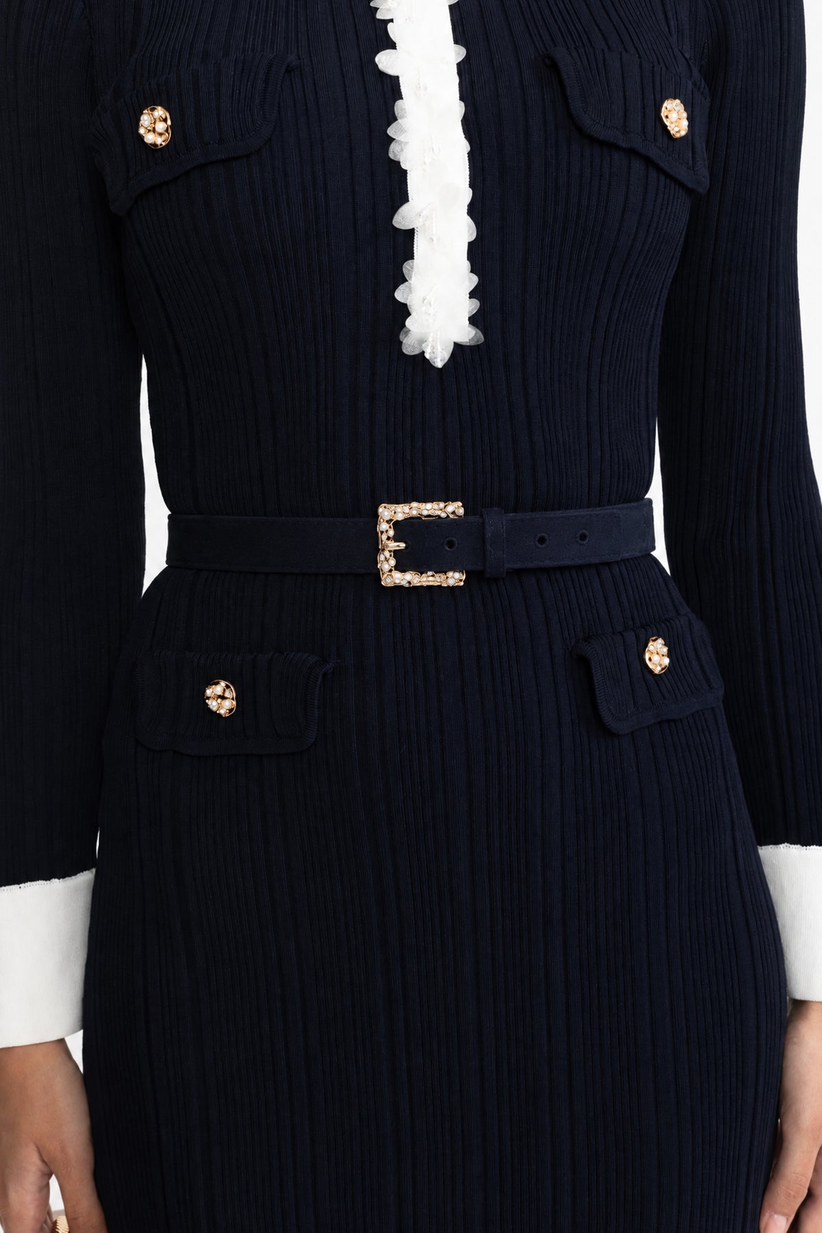 Organza Ruffle Trim Rib Knit Belted Midi Dress - Navy