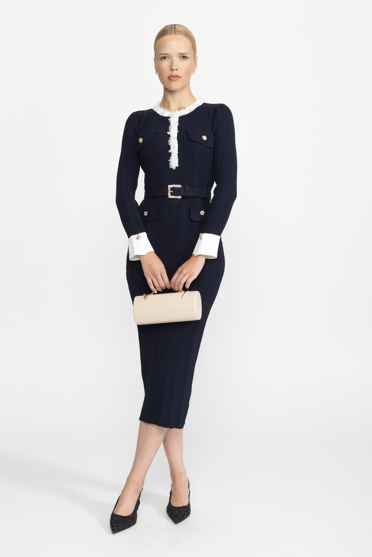 Organza Ruffle Trim Rib Knit Belted Midi Dress - Navy