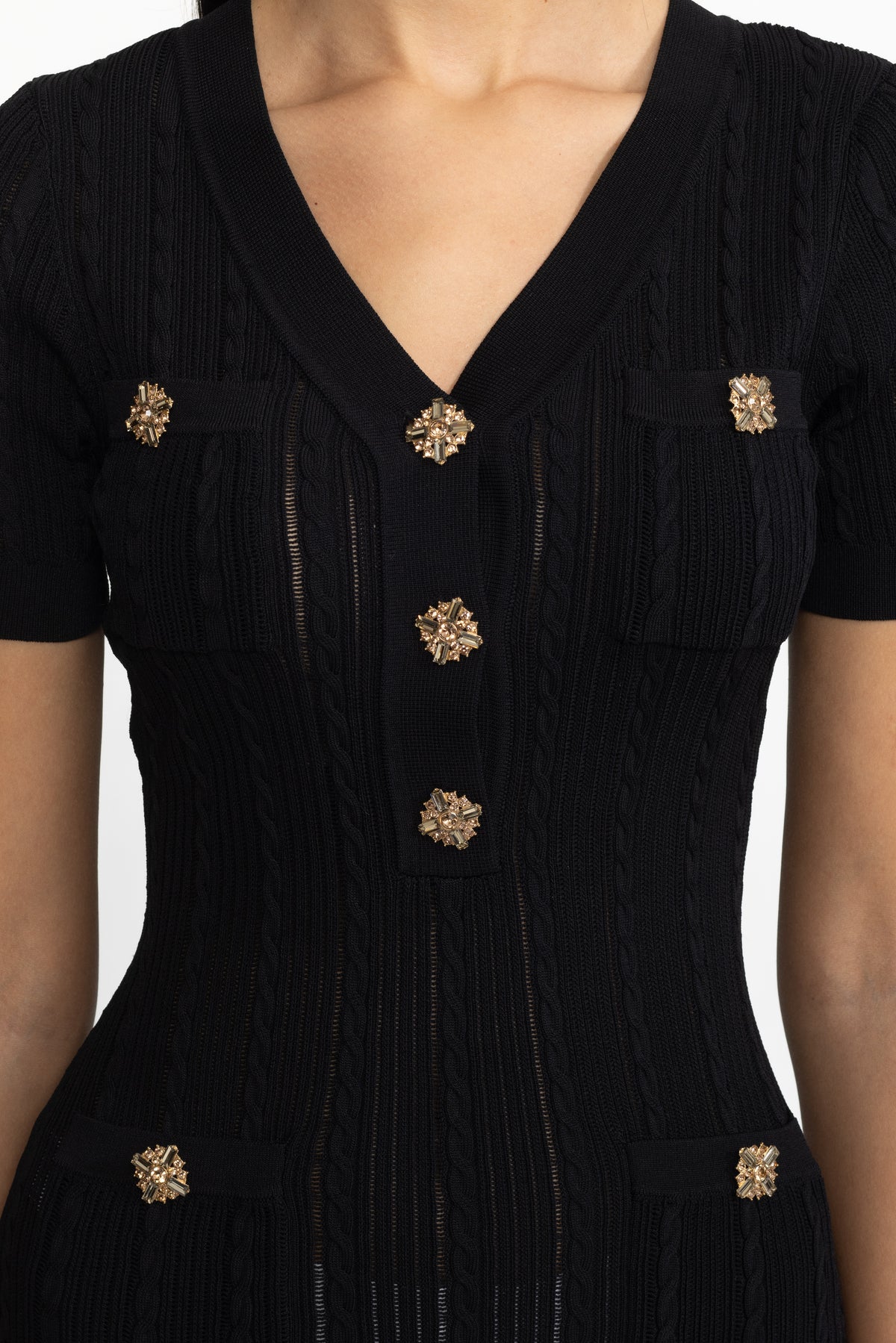 Rochie midi din tricot torsadat cu nasturi-bijuterie - negru 
