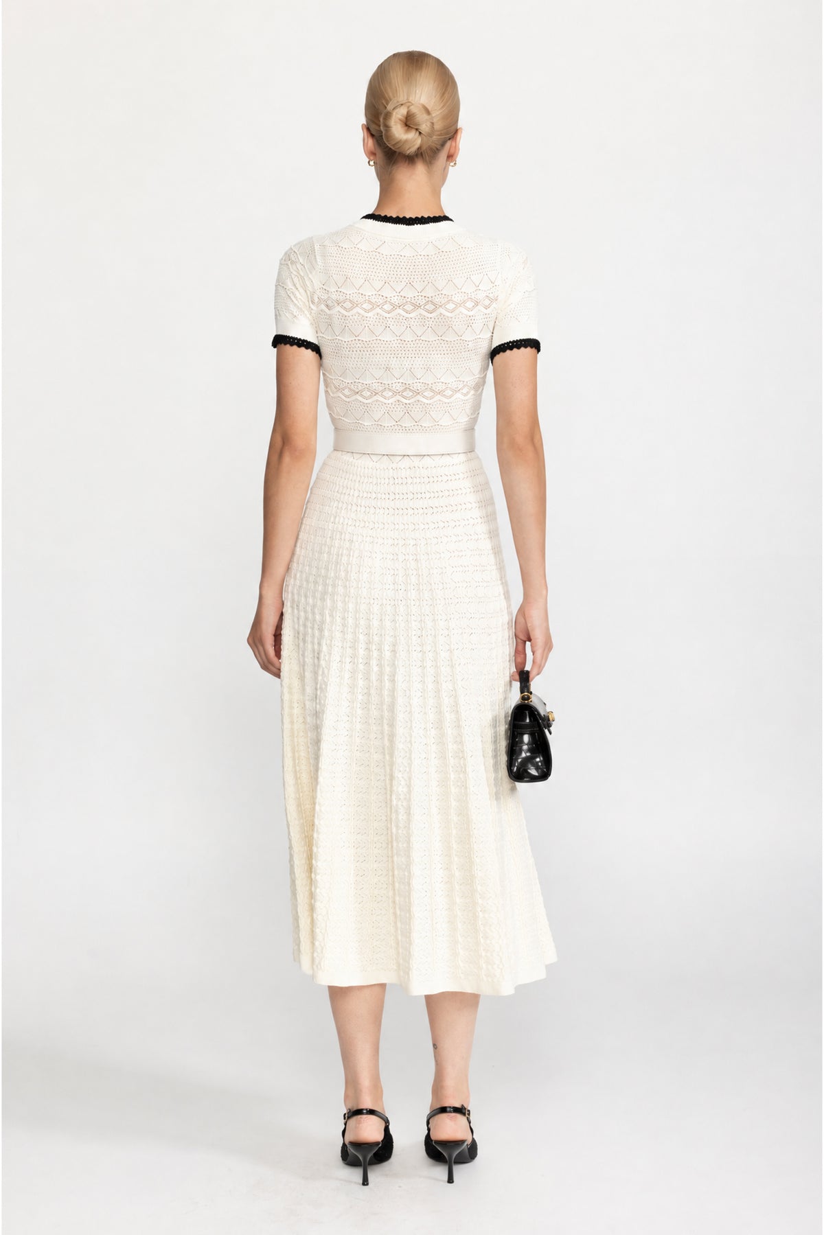 Rochie midi din tricot pointelle cu cordon - Ivoire 