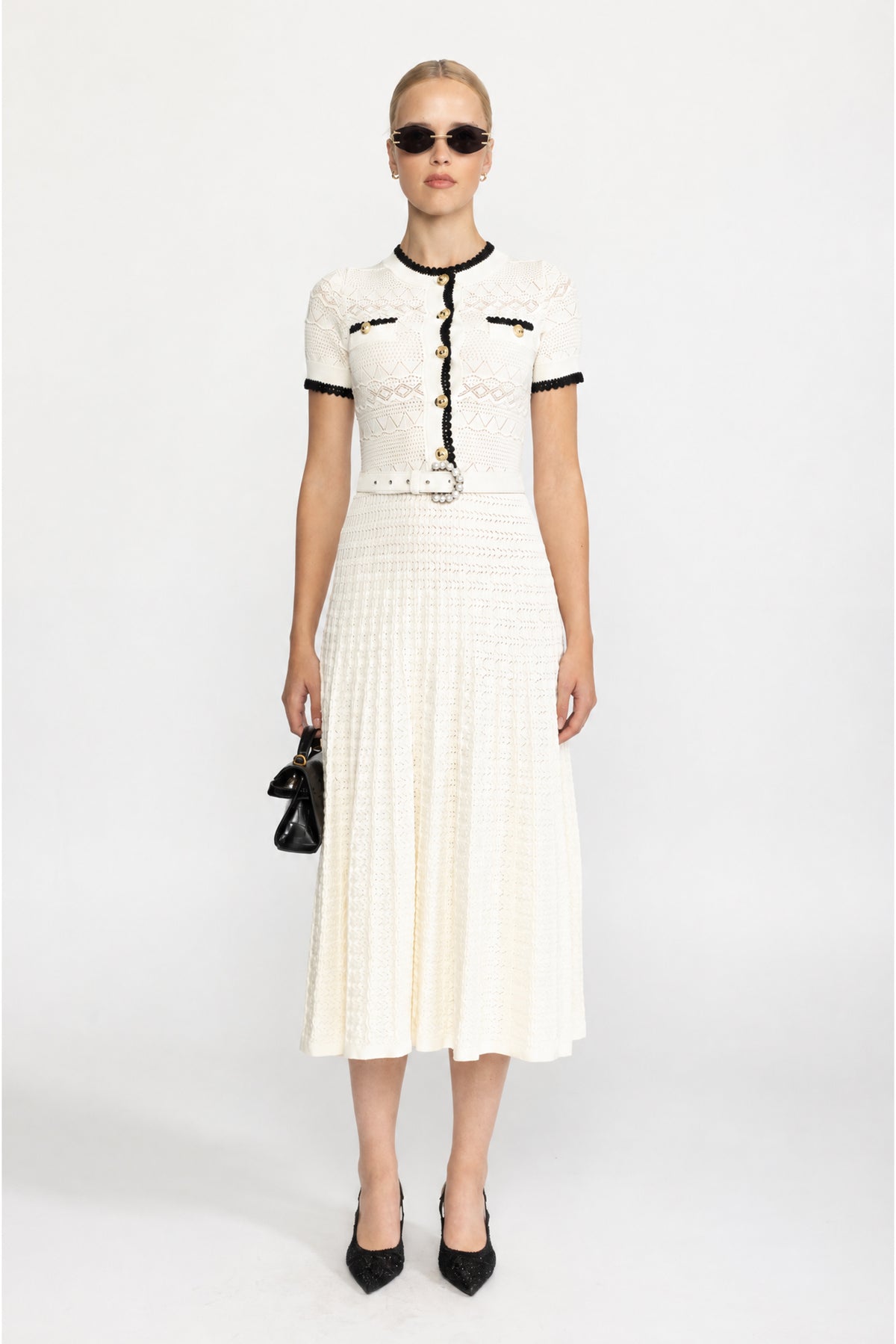 Rochie midi din tricot pointelle cu cordon - Ivoire 