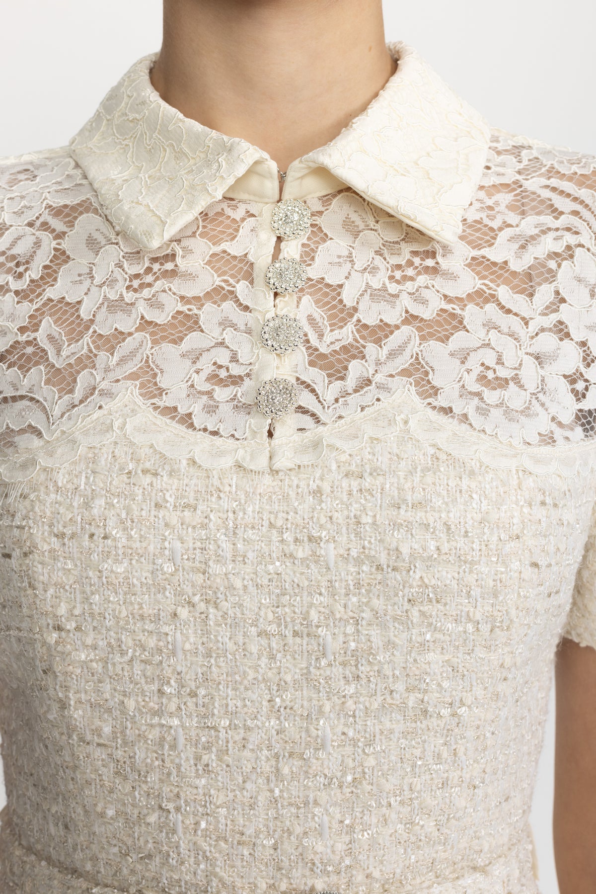 Lace Yoke Tweed Peplum Dress with Pleated Skirt - Ivoire