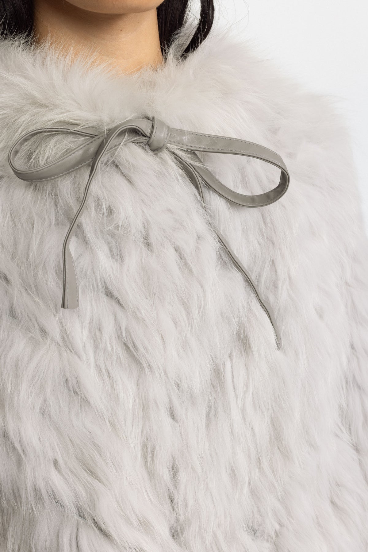 Knitted Fox Fur Bomber Jacket with Tie Neck - Grey