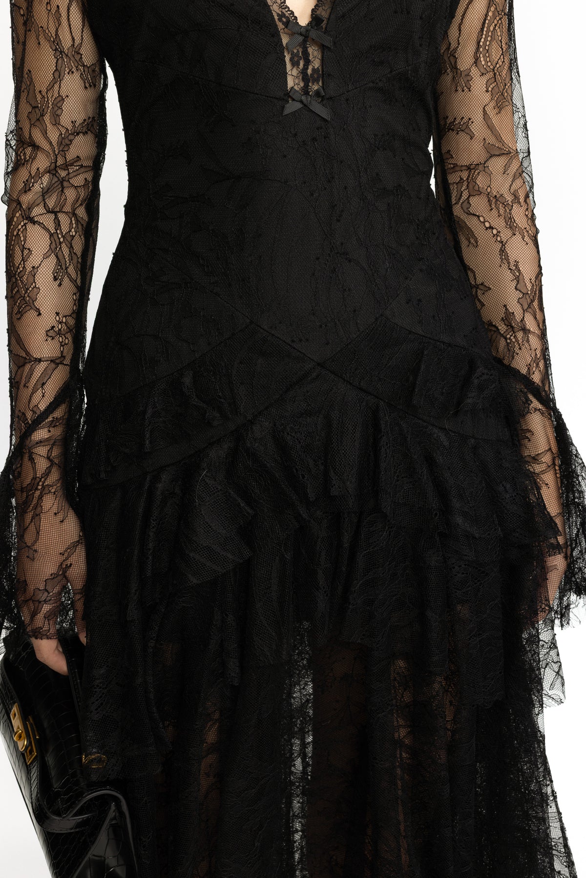 Rochie maxi în straturi din dantelă Chantilly - negru 