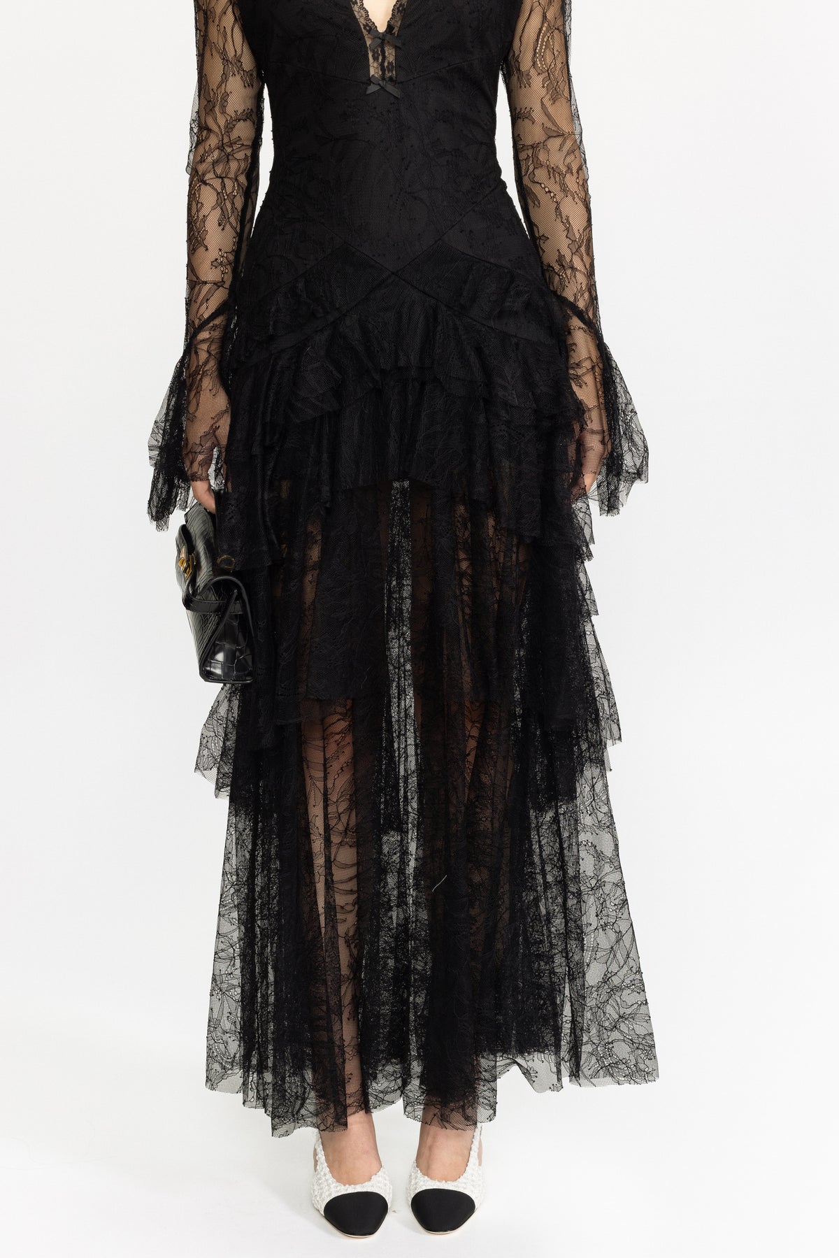 Rochie maxi în straturi din dantelă Chantilly - negru 