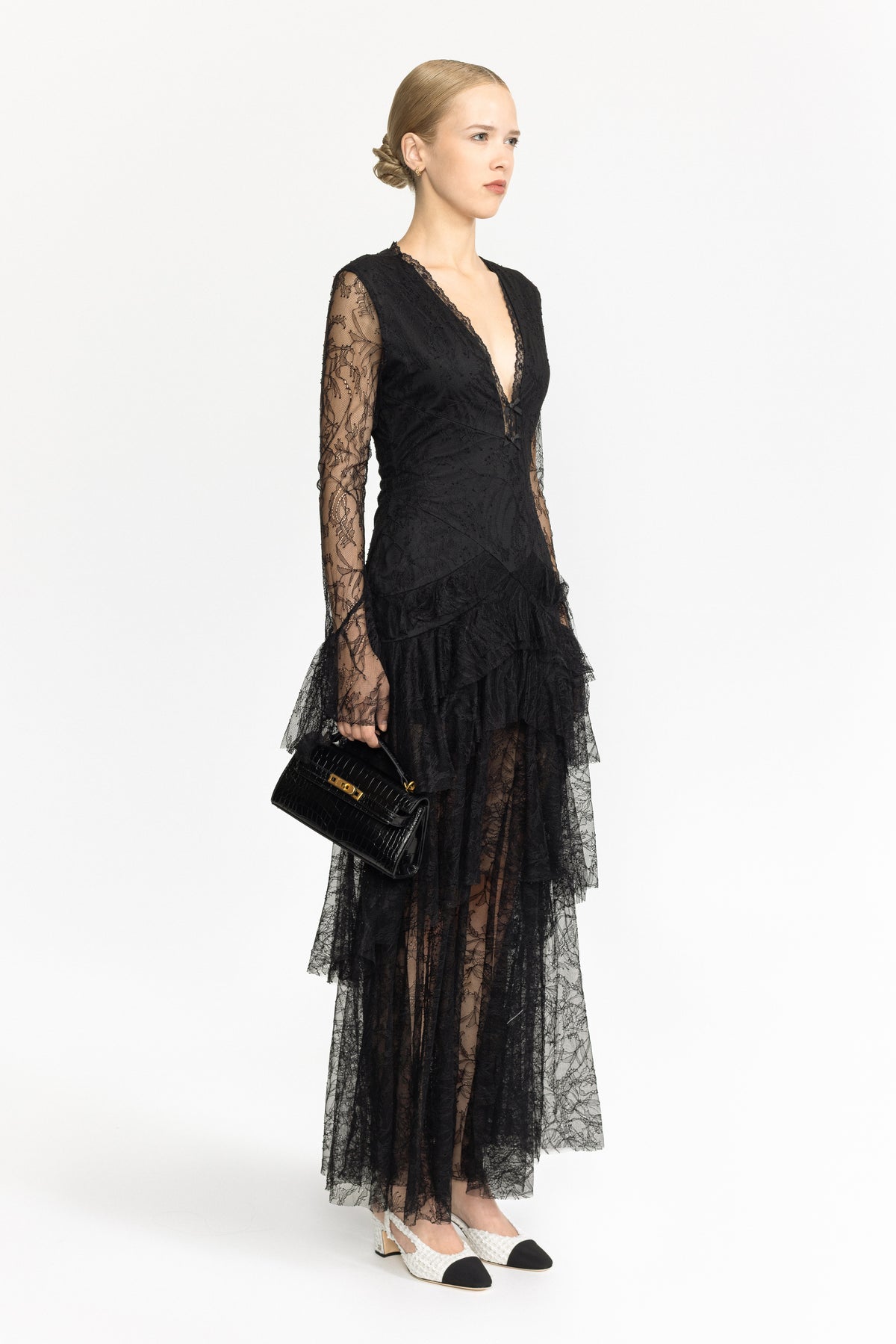 Rochie maxi în straturi din dantelă Chantilly - negru 