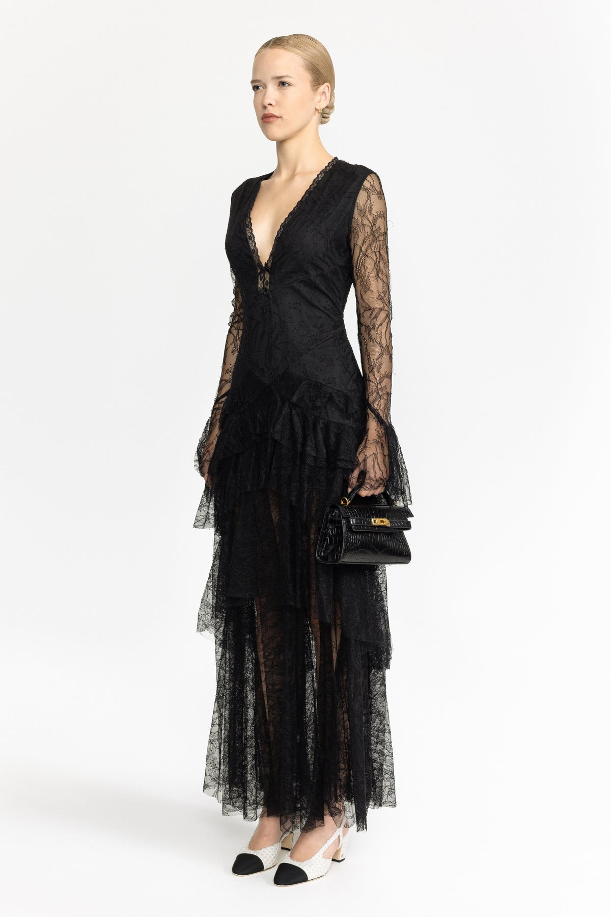 Rochie maxi în straturi din dantelă Chantilly - negru 