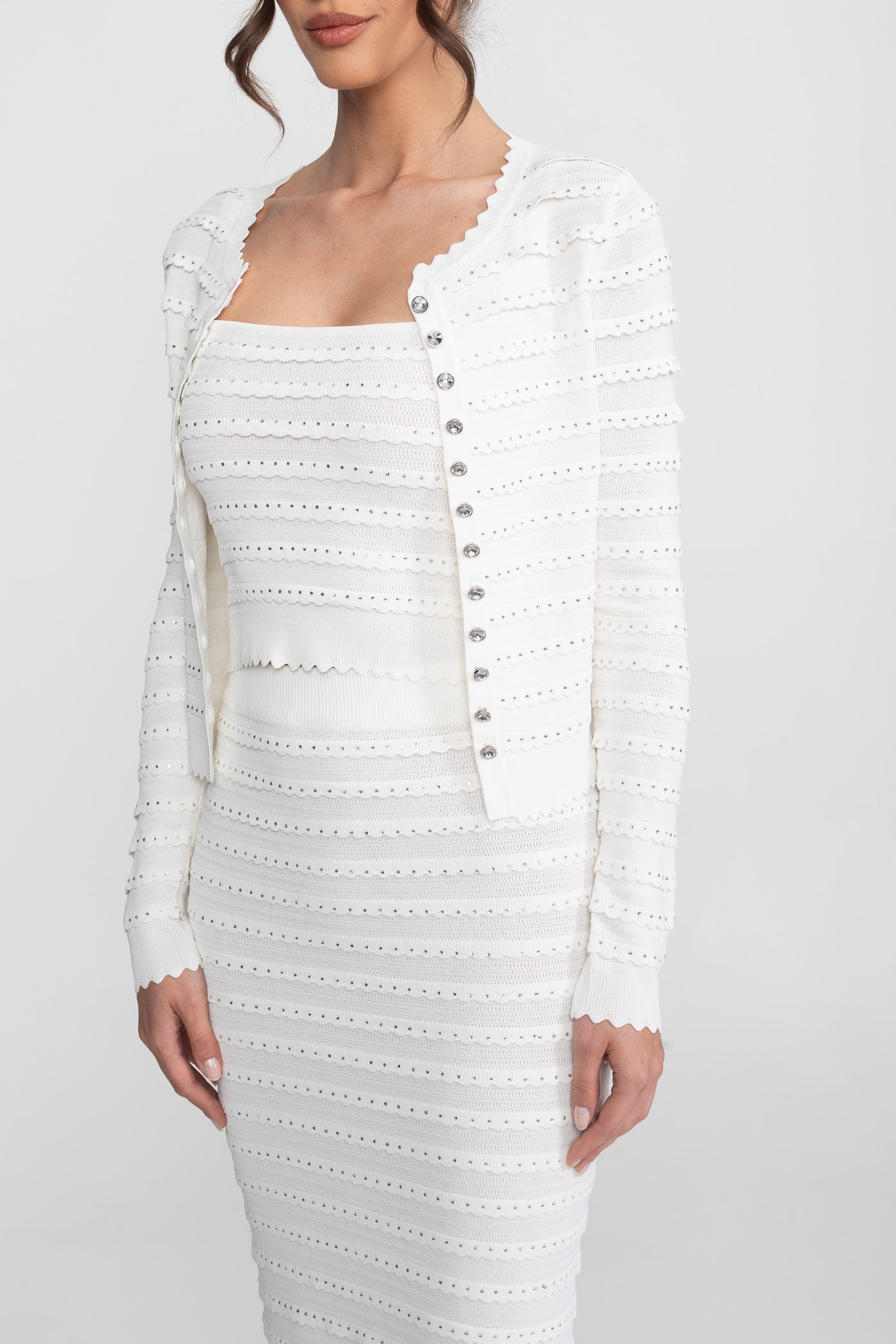 Set din tricot texturat, în 3 piese, cu blazer, top și fustă midi - alb 