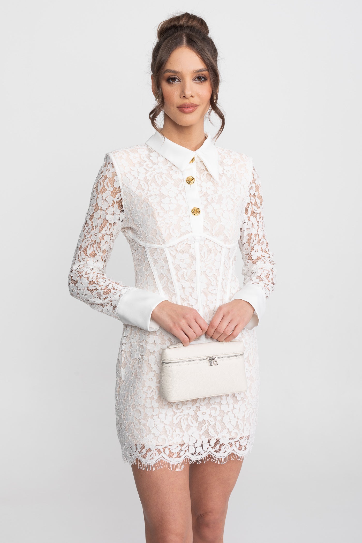 Rochie mini din dantelă cu mânecă lungă și tiv festonat - Alb 