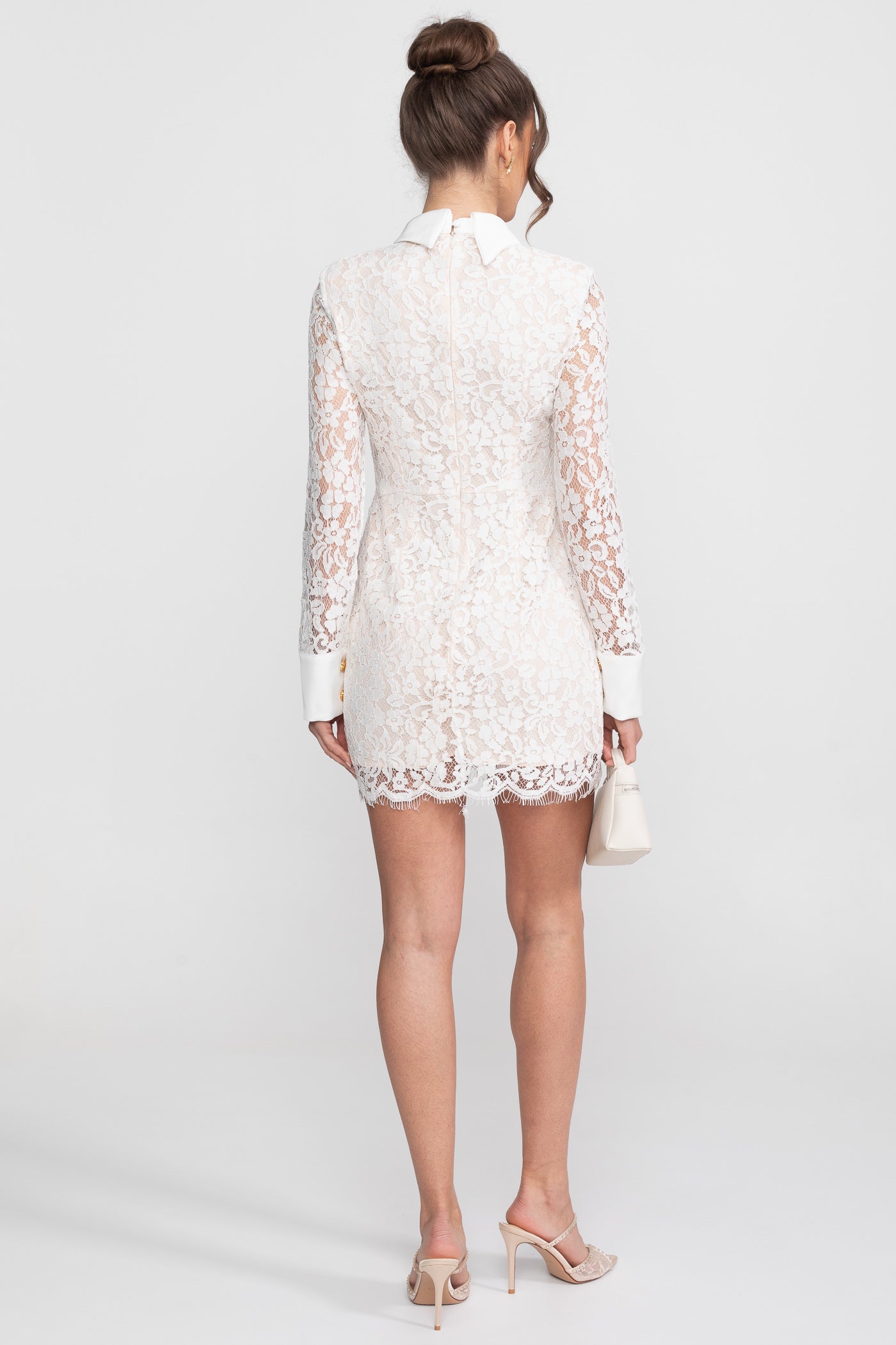 Rochie mini din dantelă cu mânecă lungă și tiv festonat - Alb 