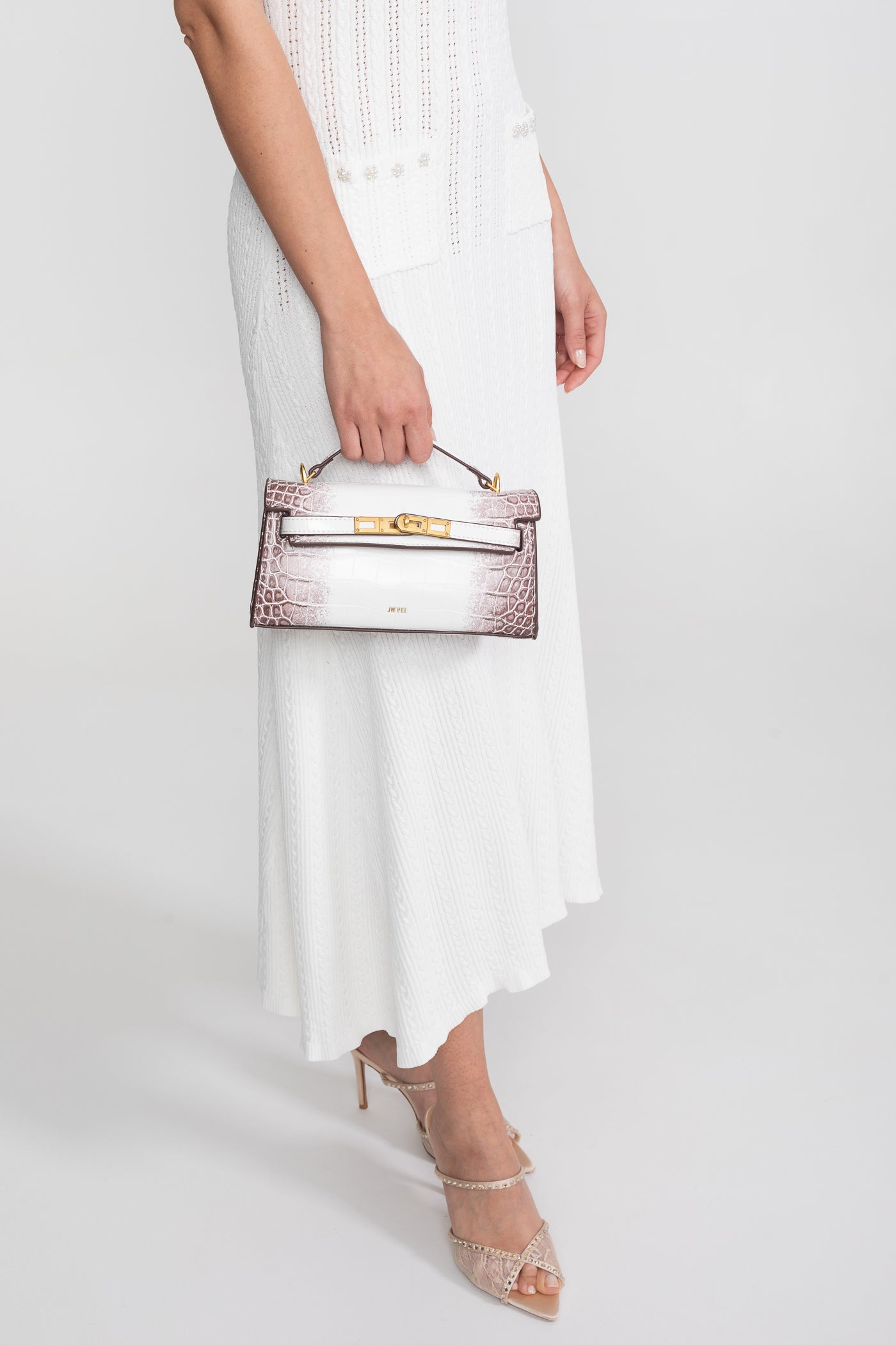 Geantă mini structurată, stil Kelly, cu accesorii aurii - Croc off-white 