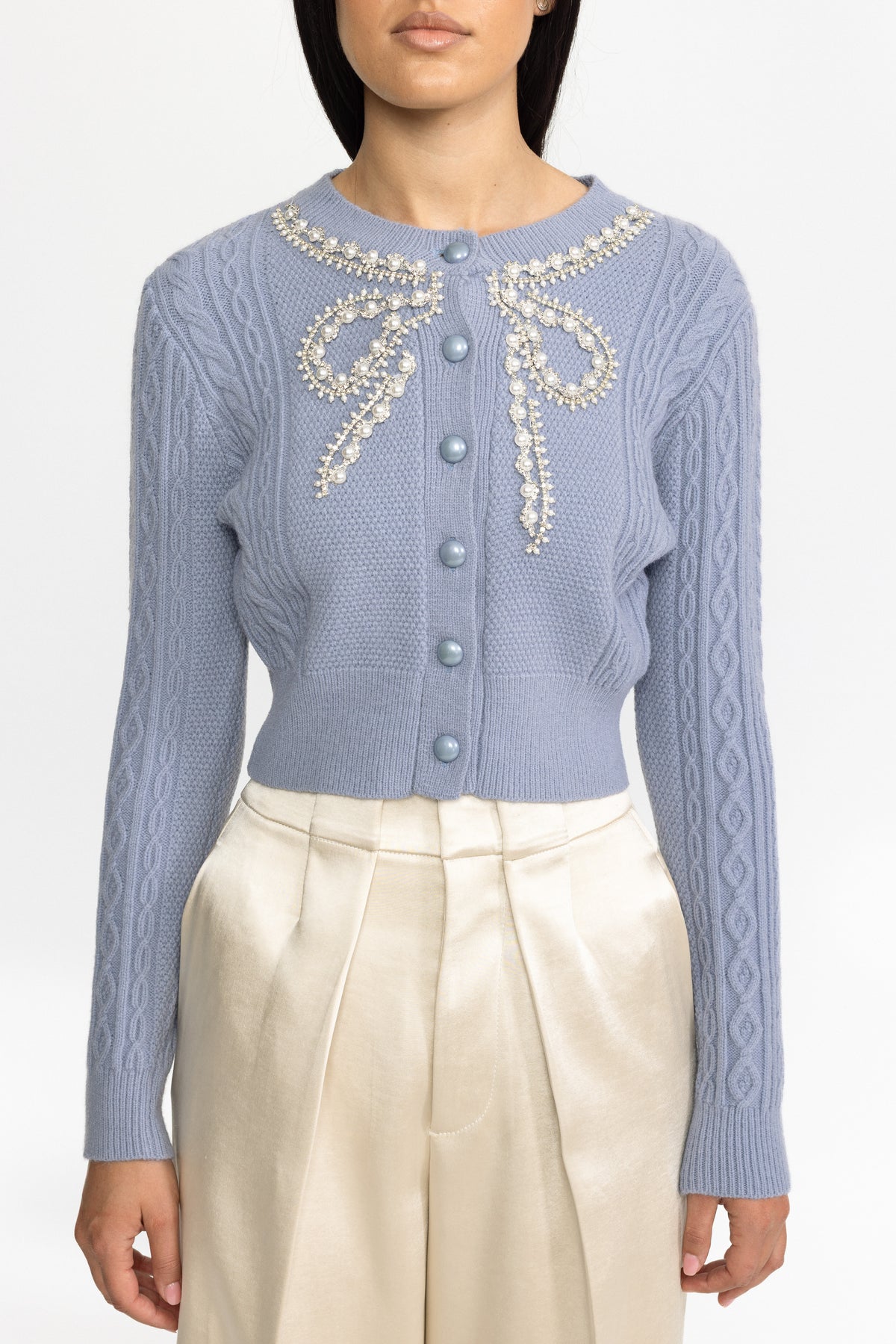 Cardigan din tricot cu torsade, decorat cu fundă cu perle - Albastru 