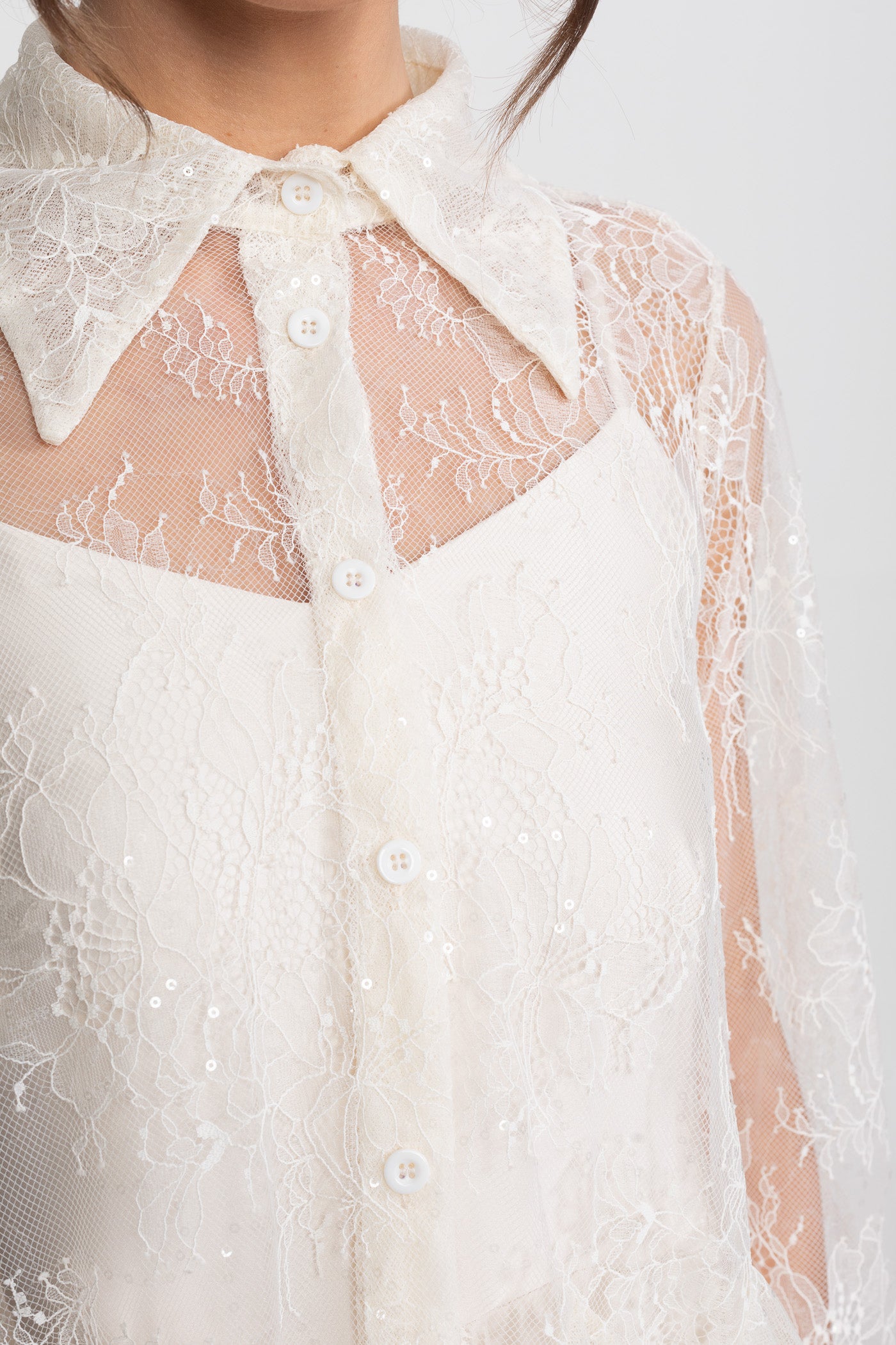 Sheer Lace Peplum Blouse With Ruffle Hem And Satin Maxi Skirt - Ivoire