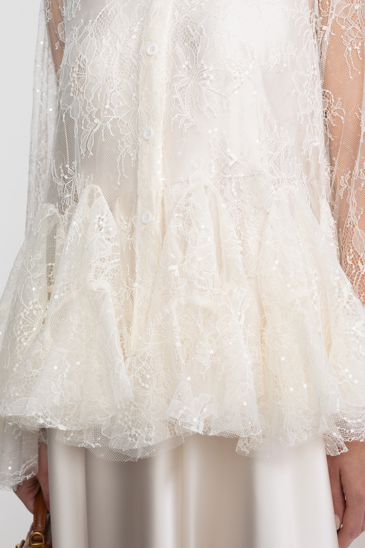 Sheer Lace Peplum Blouse With Ruffle Hem And Satin Maxi Skirt - Ivoire