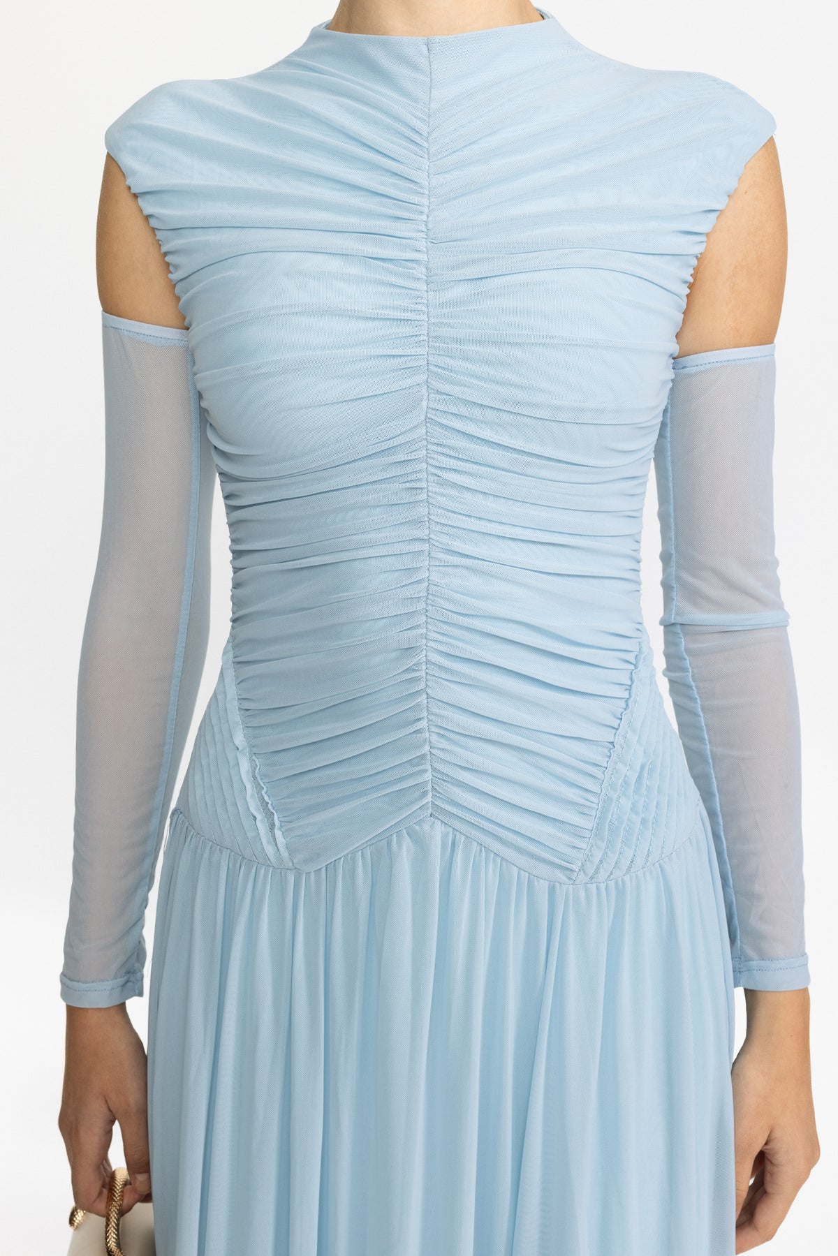 Rochie maxi din mesh drapat, cu talie joasă - albastru ciel 