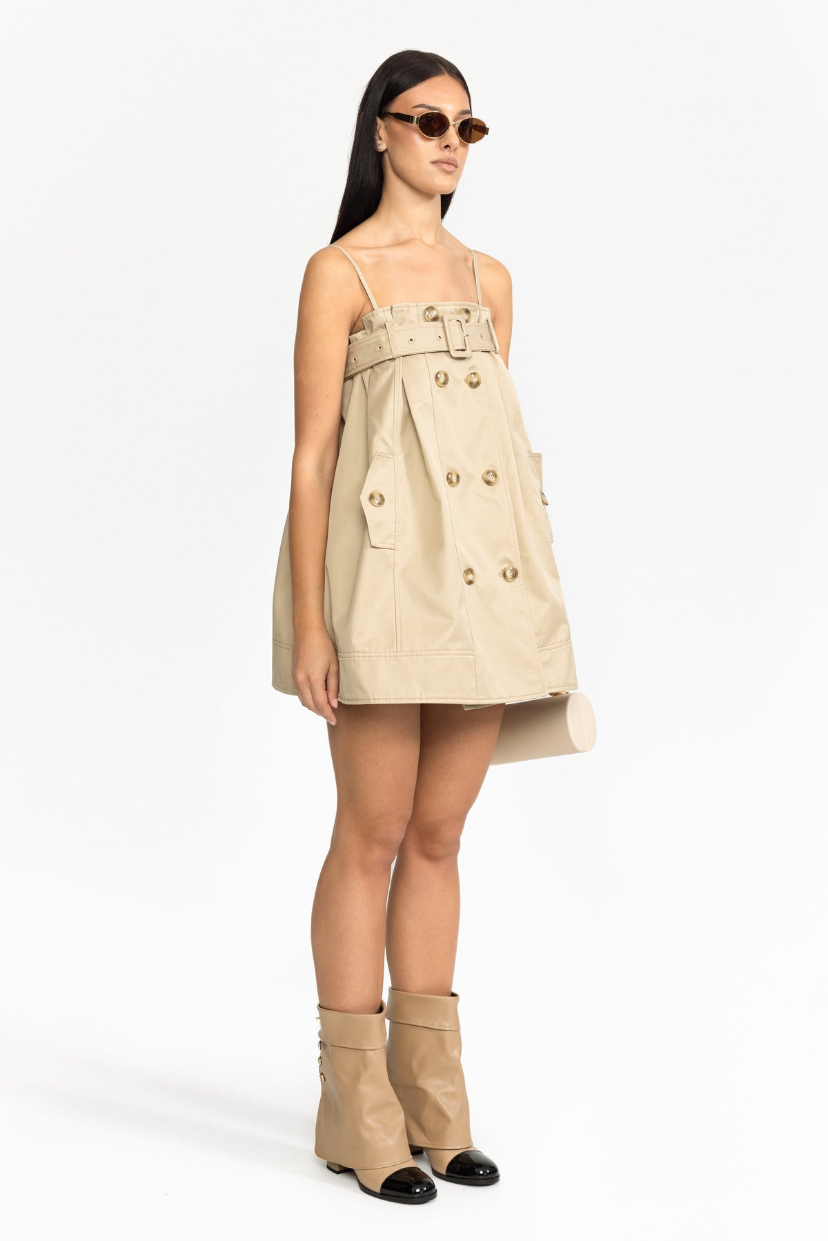 Rochie mini babydoll tip trench, cu cordon - khaki 