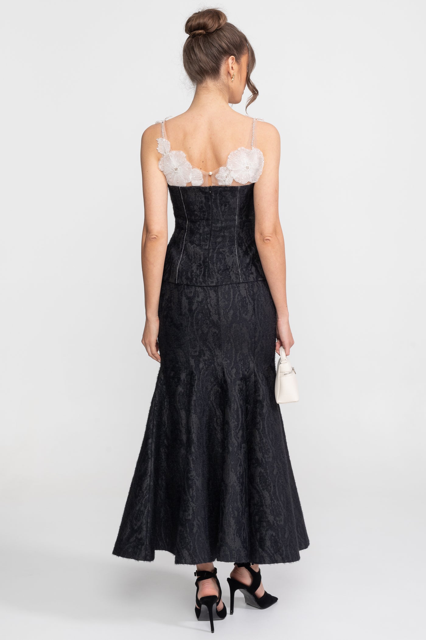 Jacquard Maxi Set With Sheer Floral Neckline And Peplum Waist - Black
