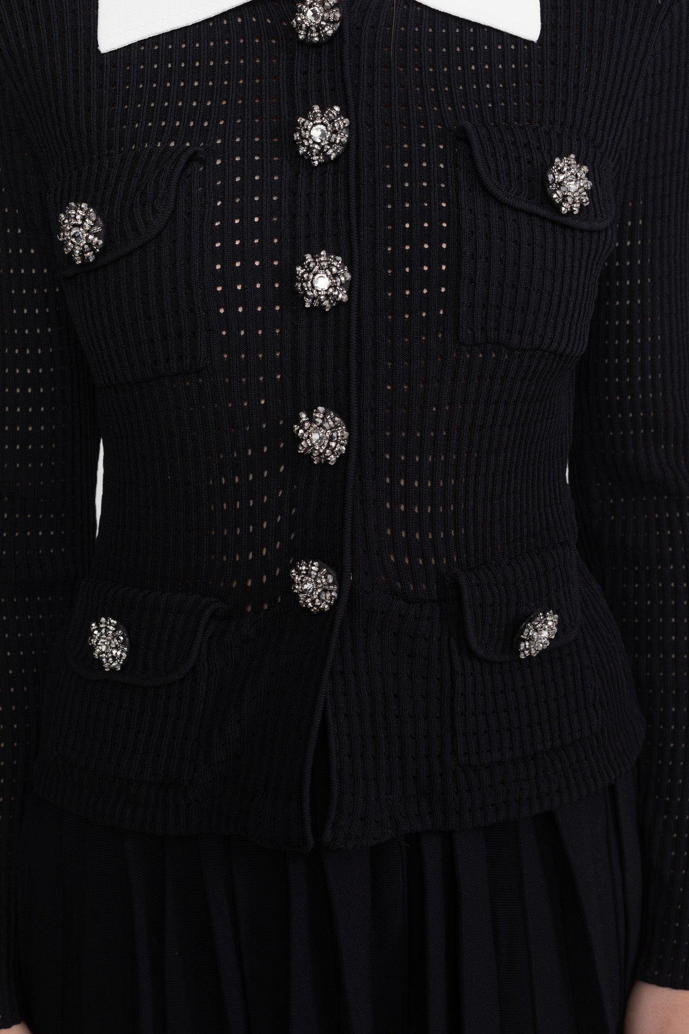 Set coordonat cu cardigan open-knit și fustă midi plisată - Negru 