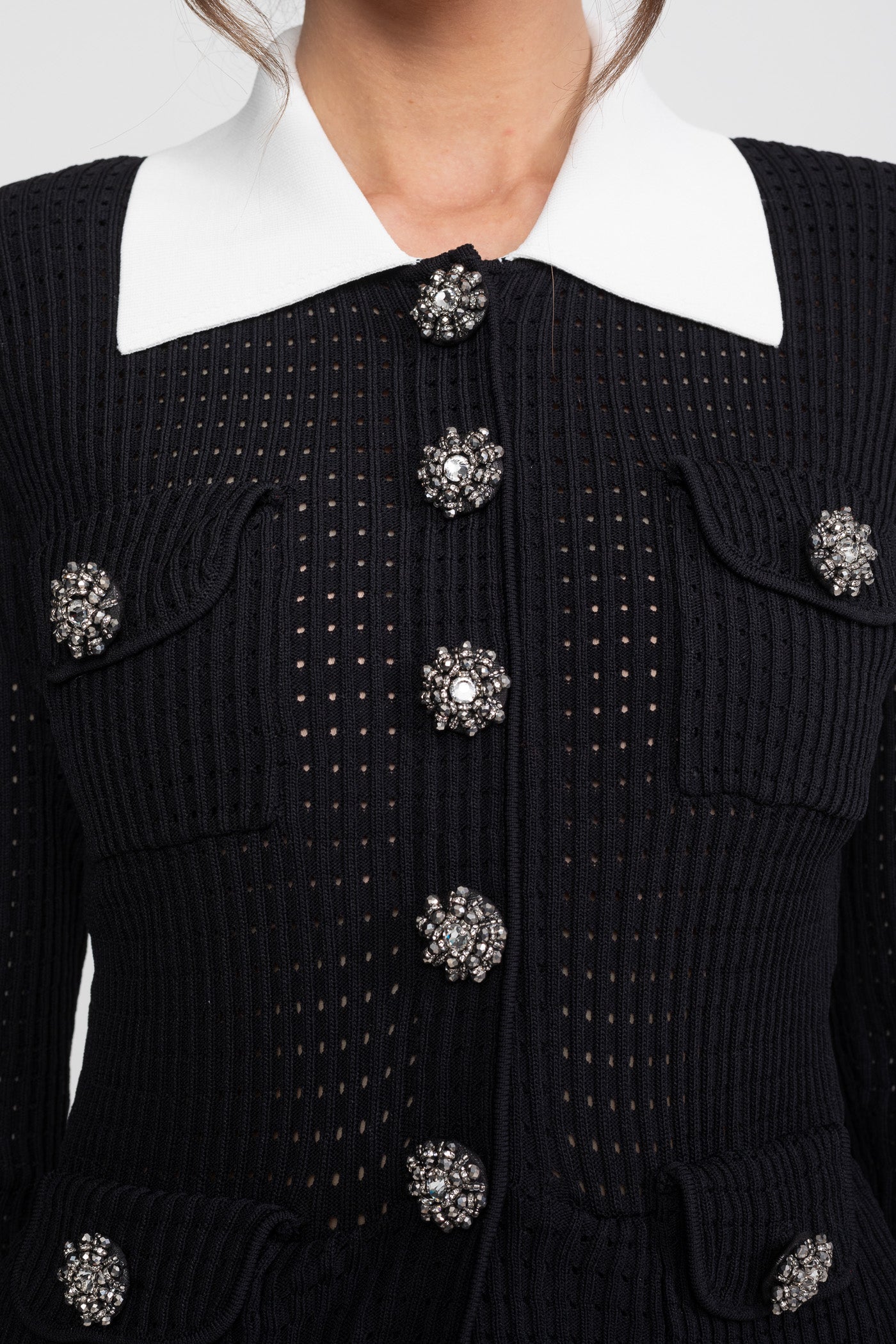 Set coordonat cu cardigan open-knit și fustă midi plisată - Negru 