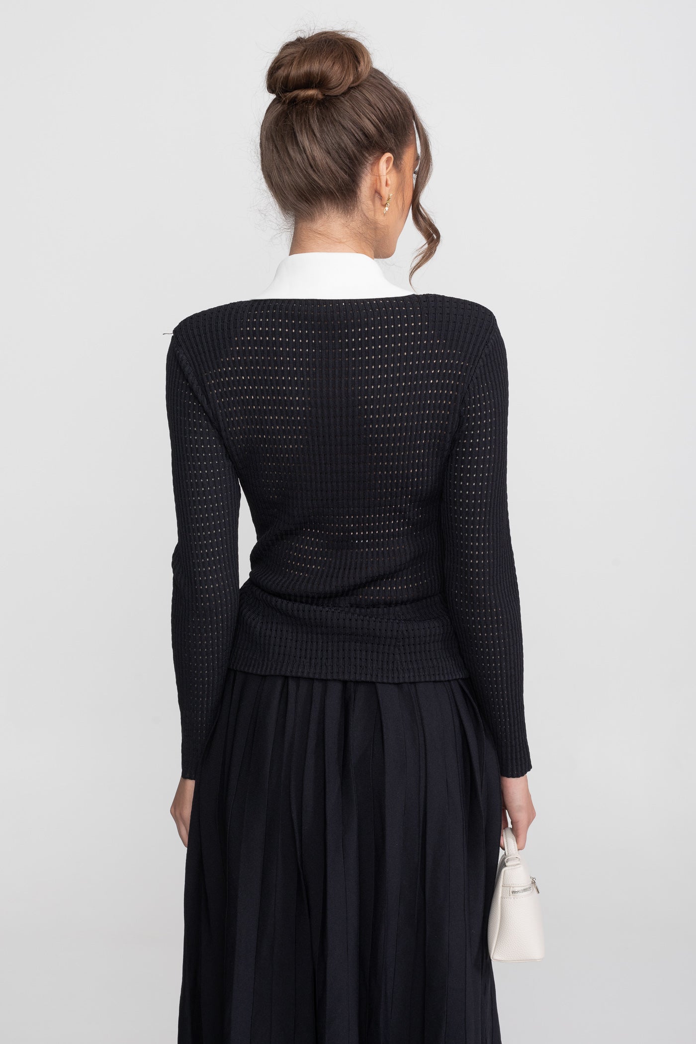 Set coordonat cu cardigan open-knit și fustă midi plisată - Negru 