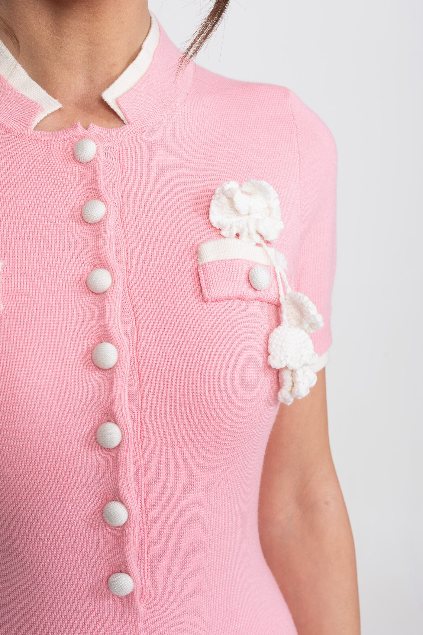 Ribbed Knit Midi Dress With Contrast Trim And Decorative Pockets - Pink