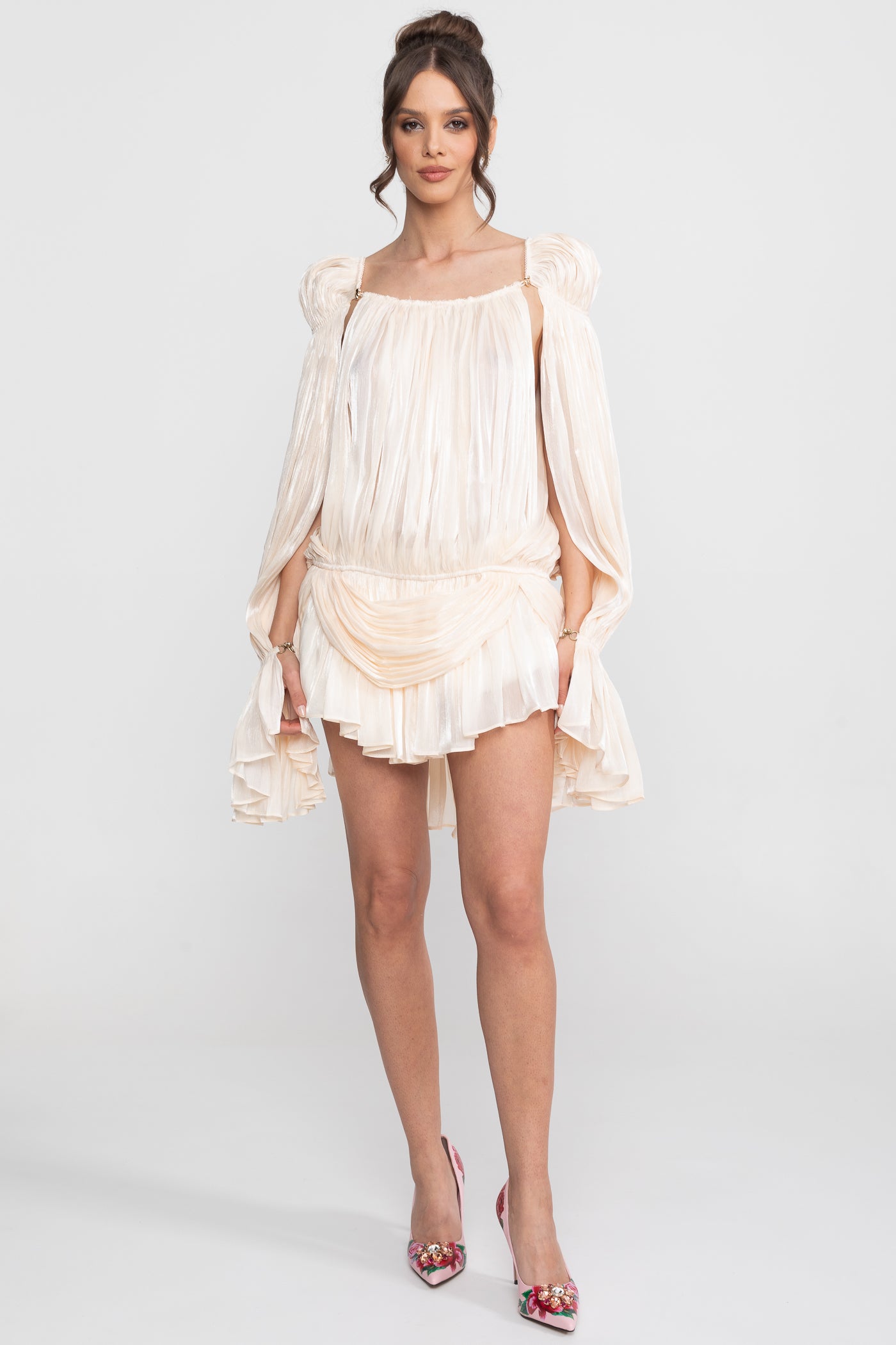 Sheer Draped Mini Dress With Cape Sleeves And Gold Clip Detail - Ivoire