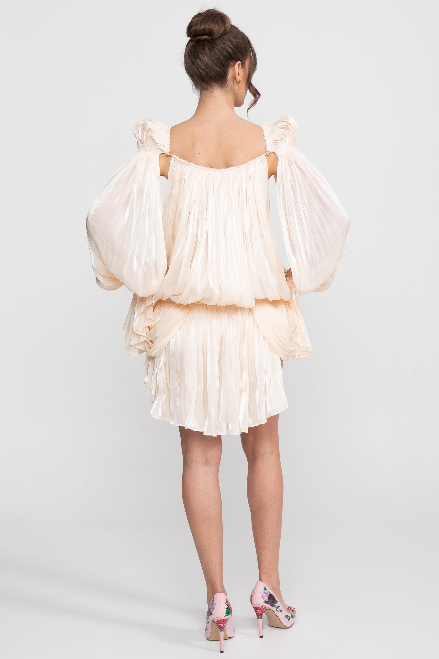 Sheer Draped Mini Dress With Cape Sleeves And Gold Clip Detail - Ivoire
