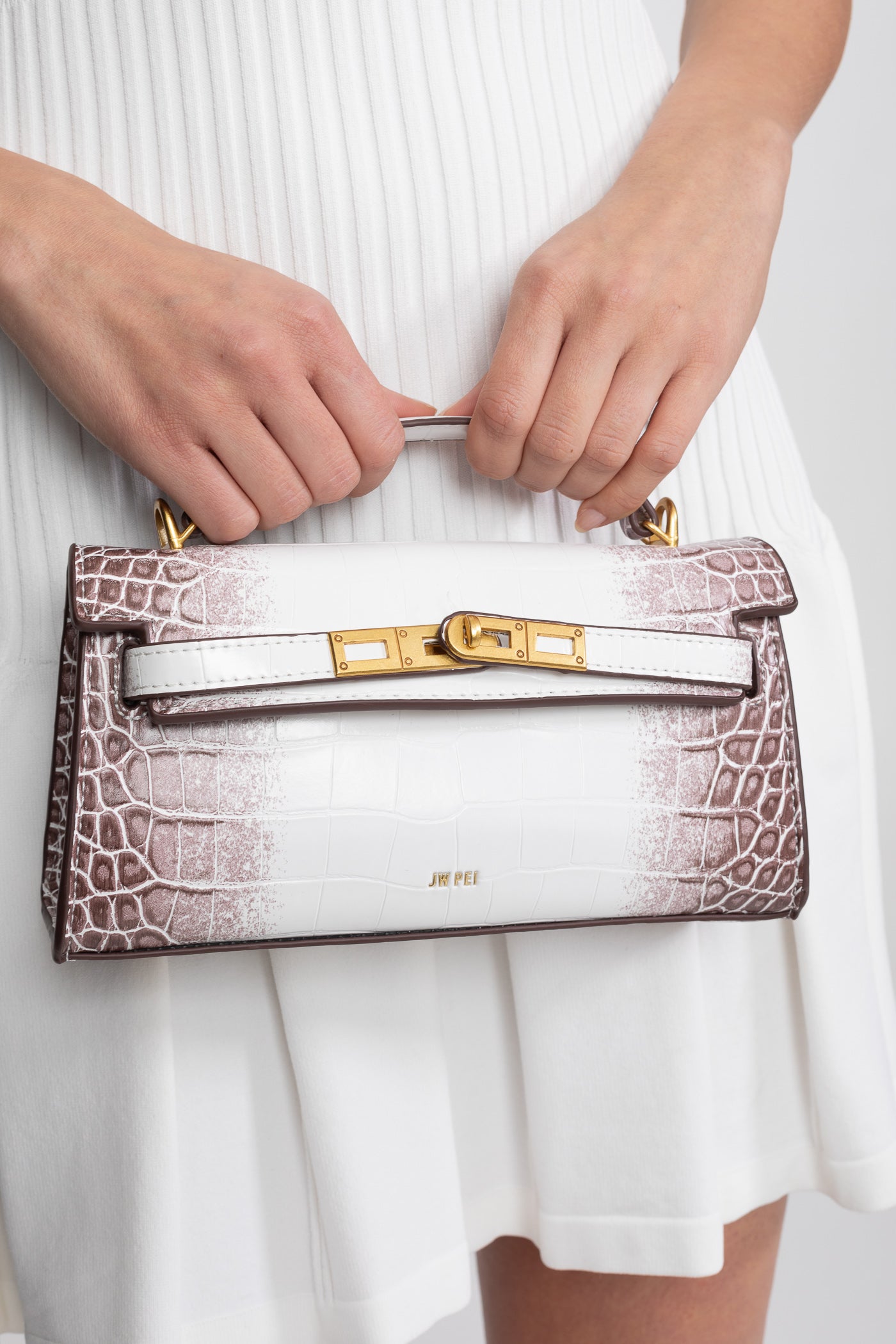 Geantă mini structurată, stil Kelly, cu accesorii aurii - Croc off-white 