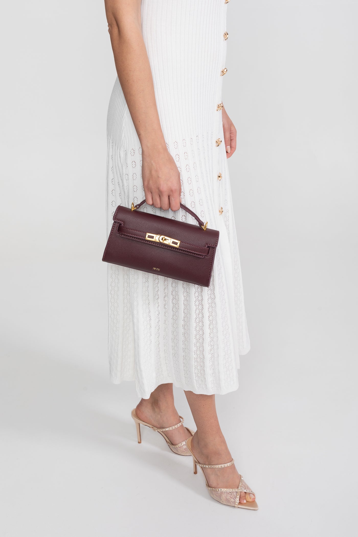 Geantă mini structurată, în stil Kelly, cu accesorii aurii - Burgundy 