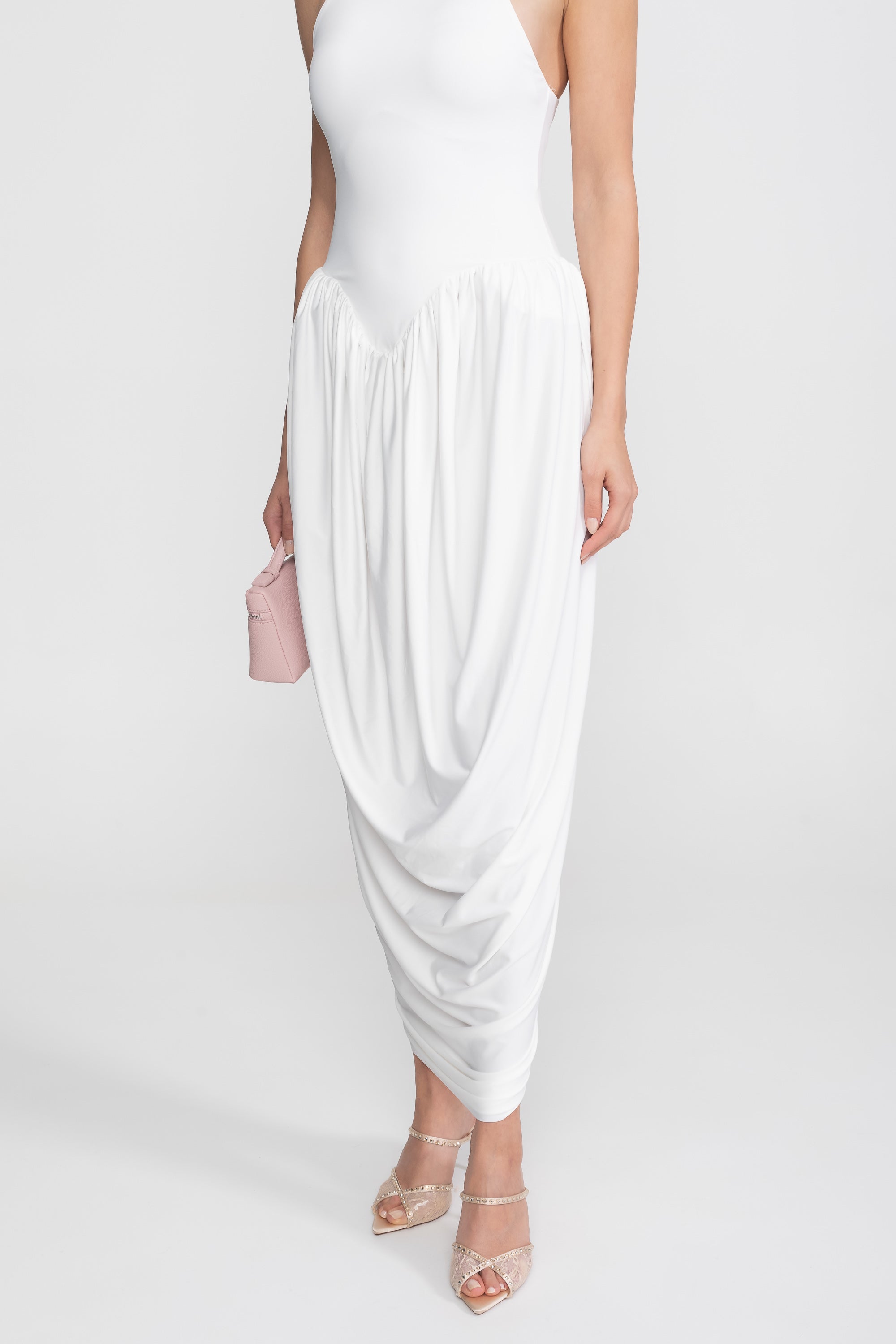 Halter-Neck Maxi Dress With Gathered Balloon Skirt - White