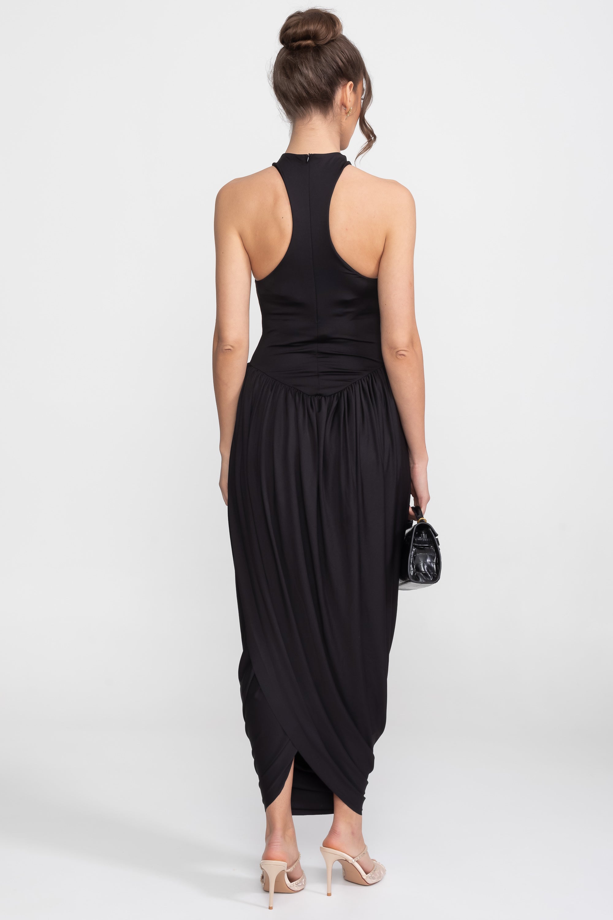 Rochie maxi cu halter-neck și fustă balon încrețită - Negru 