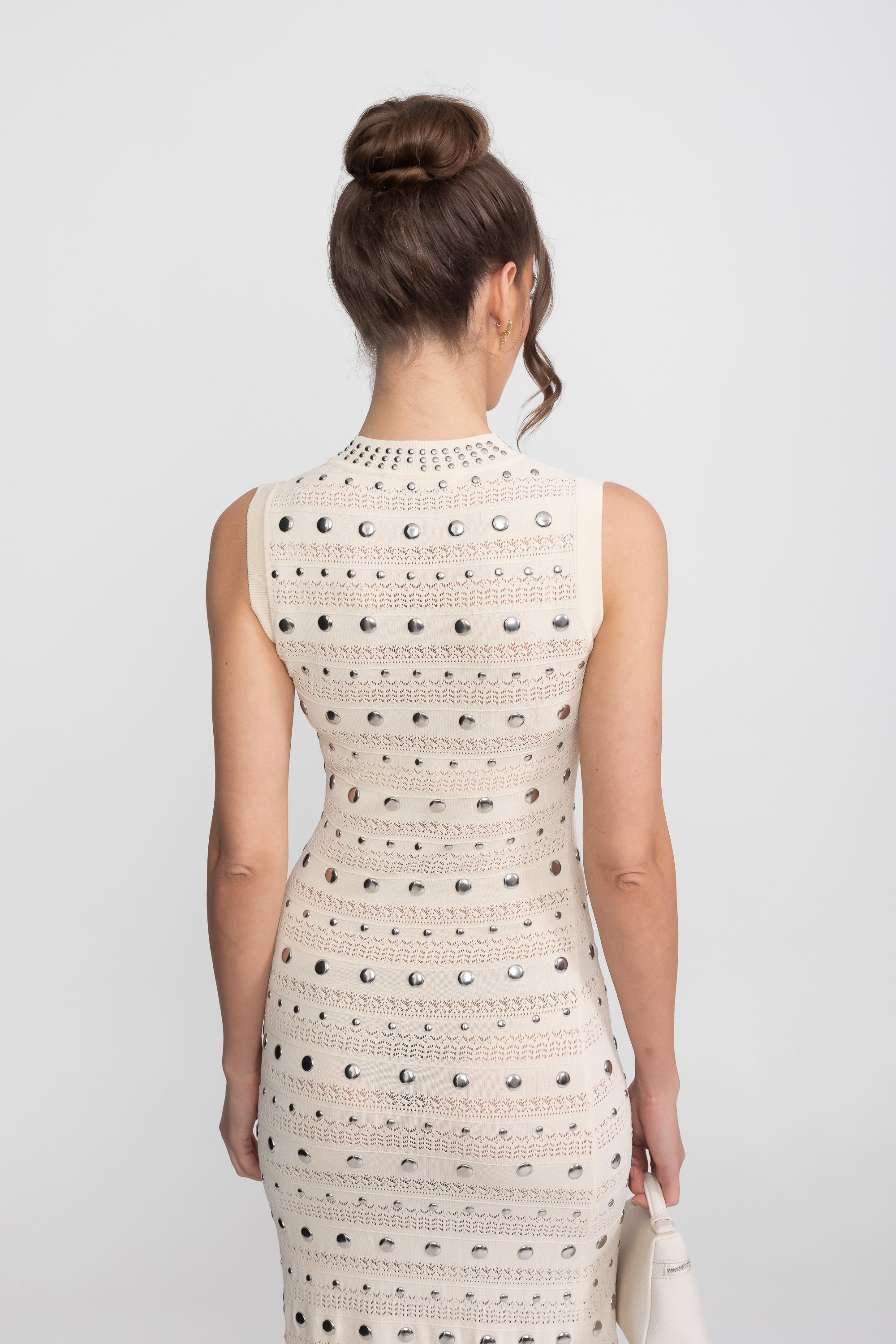 Embellished Knit Midi Dress With High Neck And Ruffle Hem - Cream