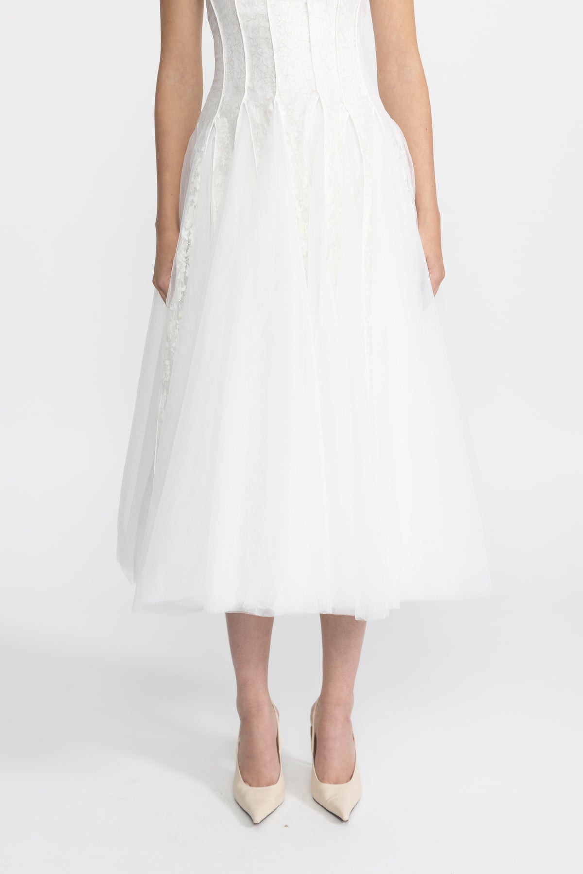 Lace Panel Corset Tulle Midi Dress - White