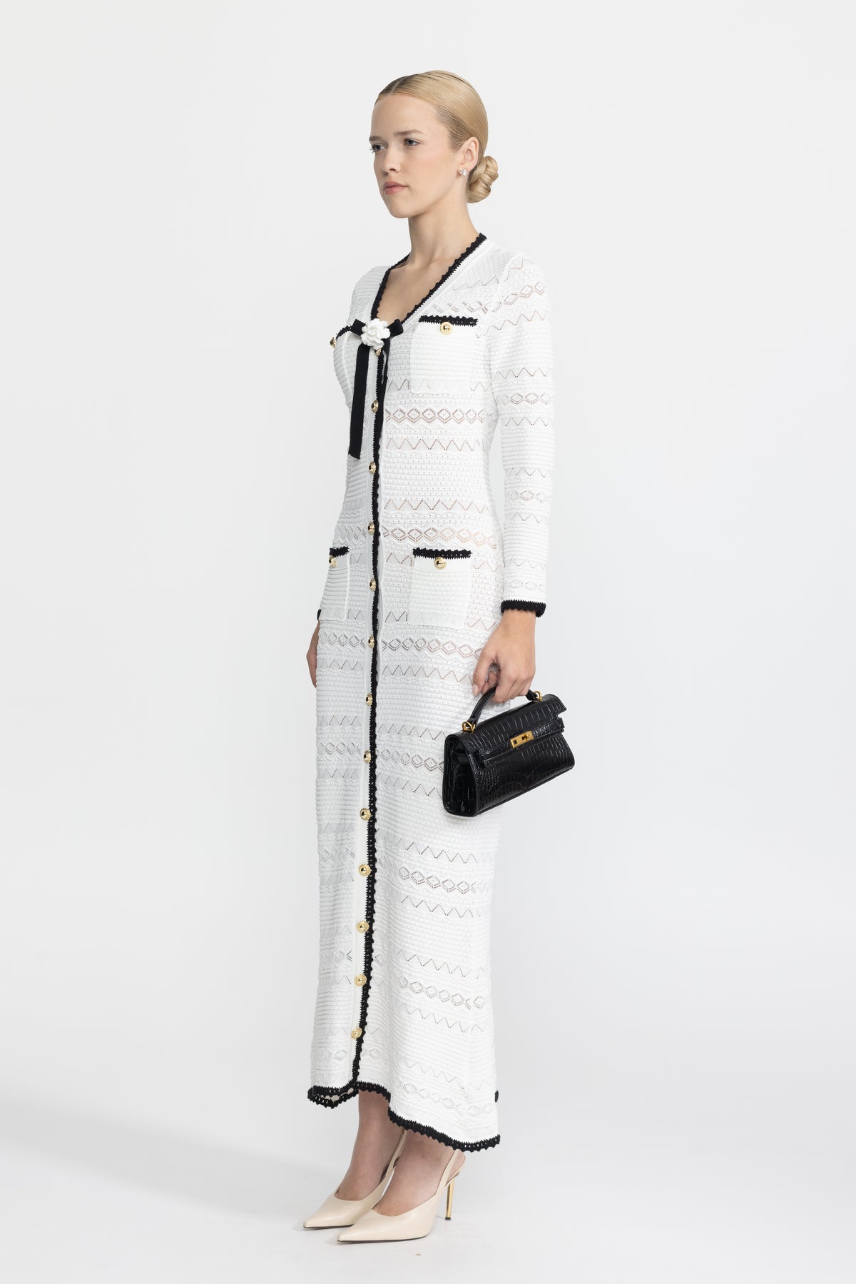Crochet Trim Knit Button Midi Dress with Flower Brooch - White