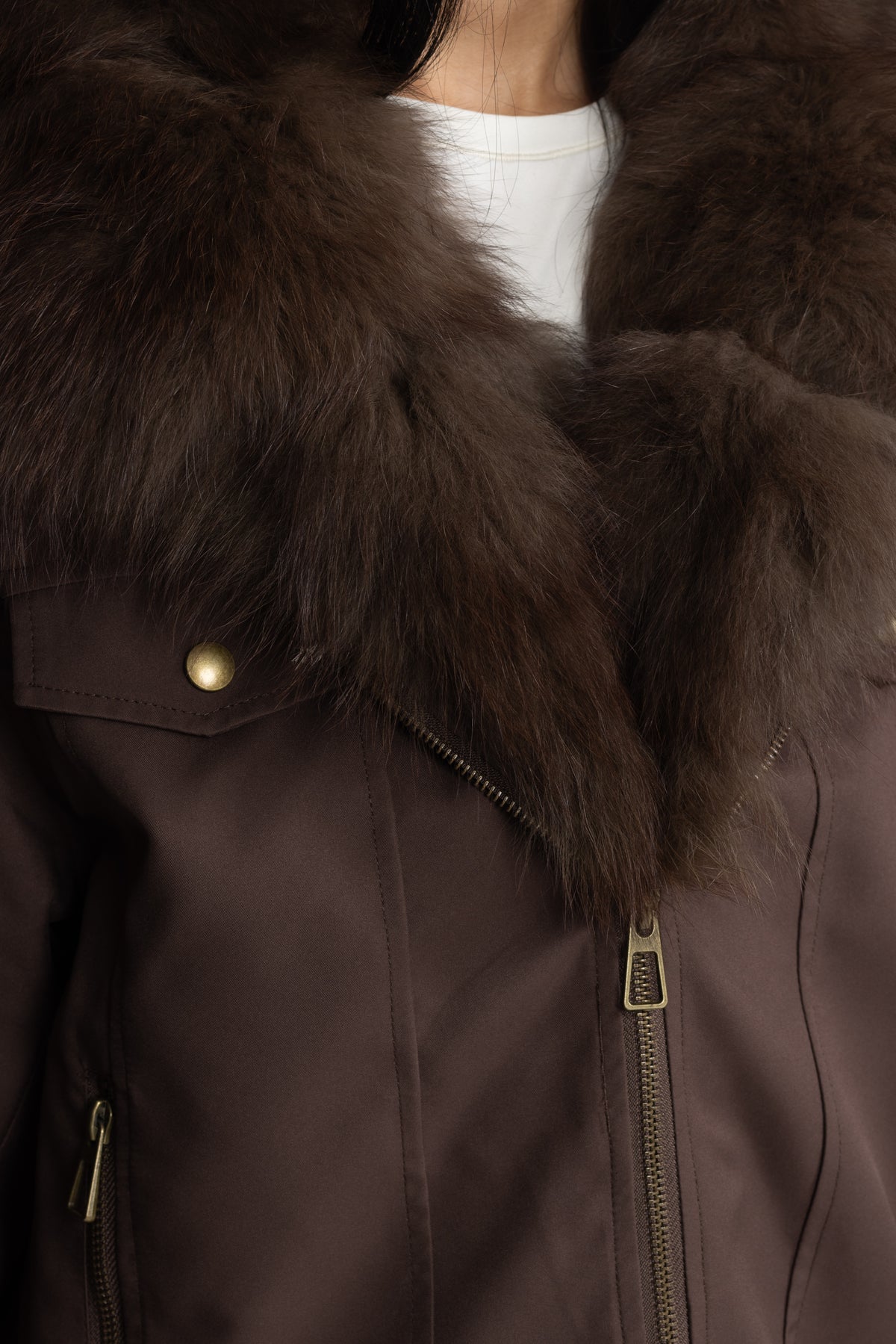 Fox Fur Collar and Cuff Down Utility Jacket - Chocolate