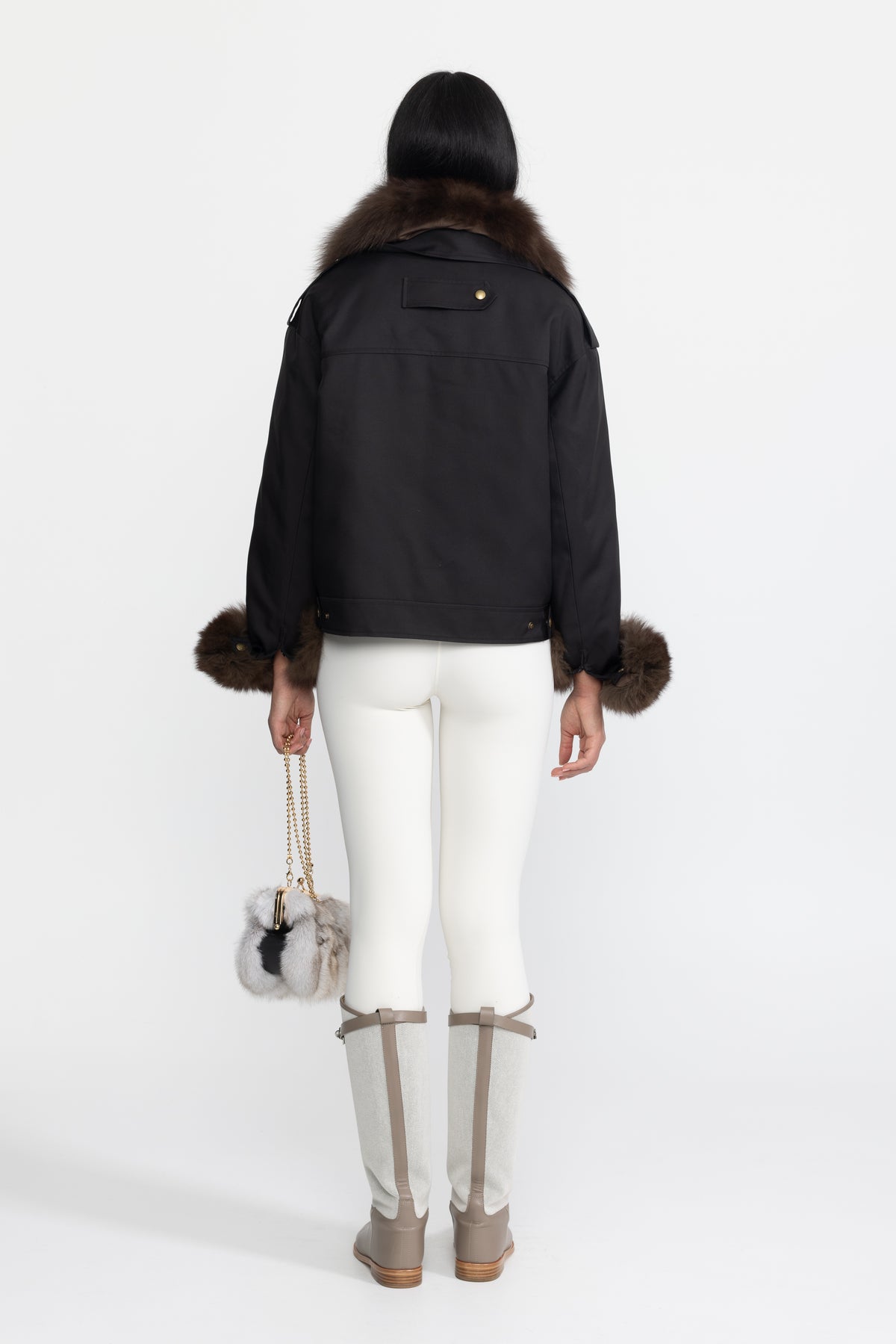 Fox Fur Collar and Cuff Down Utility Jacket - Black