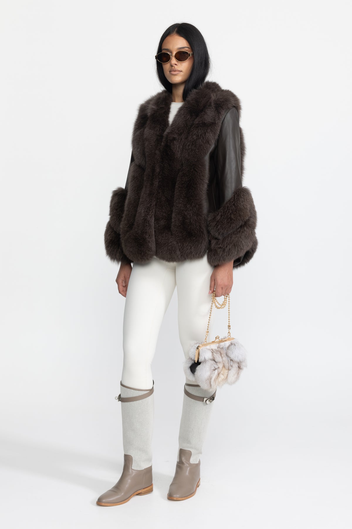 Jachetă shearling cu panou din blană de vulpe - Chocolate 