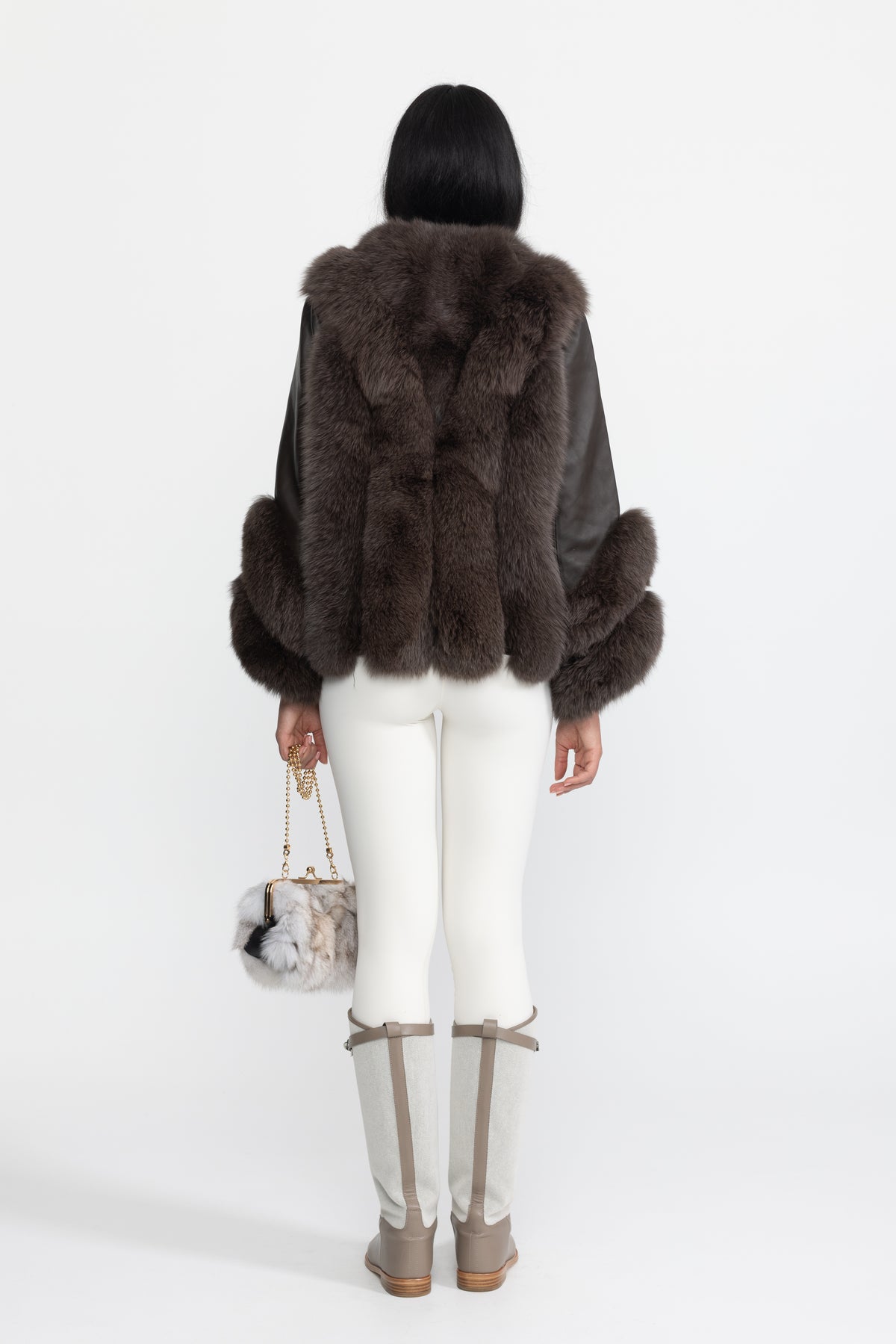 Jachetă shearling cu panou din blană de vulpe - Chocolate 