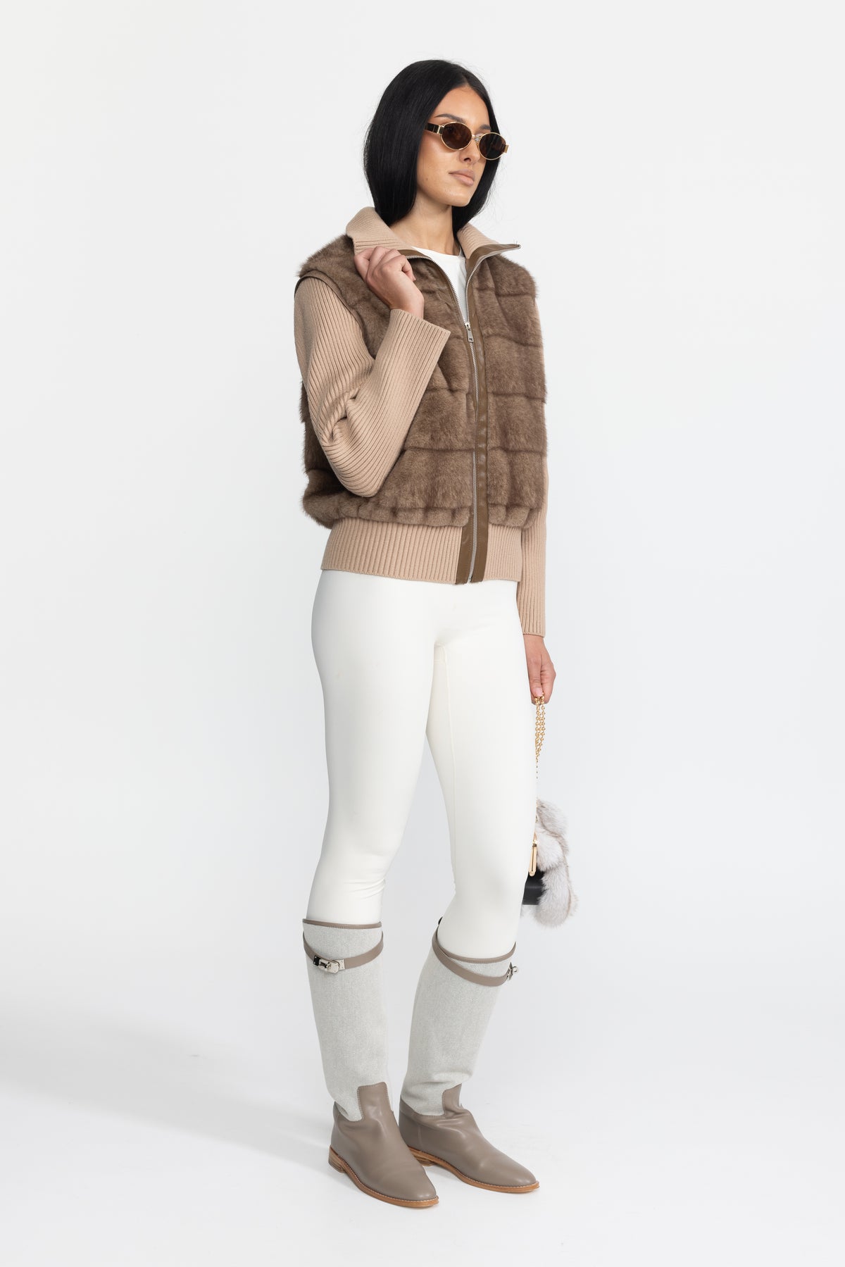 Jachetă cu fermoar și mâneci tricotate Plush Panel - Mocha 
