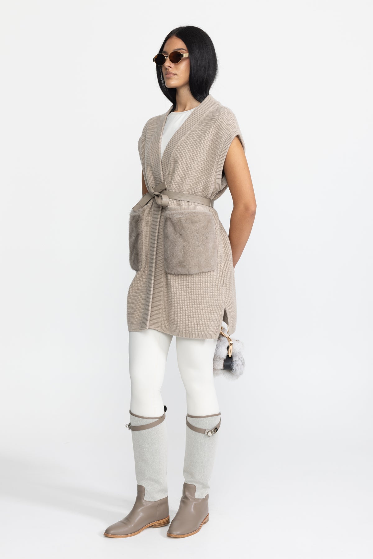 Gilet din tricot waffle cu cordon și buzunare din blană - Bej 